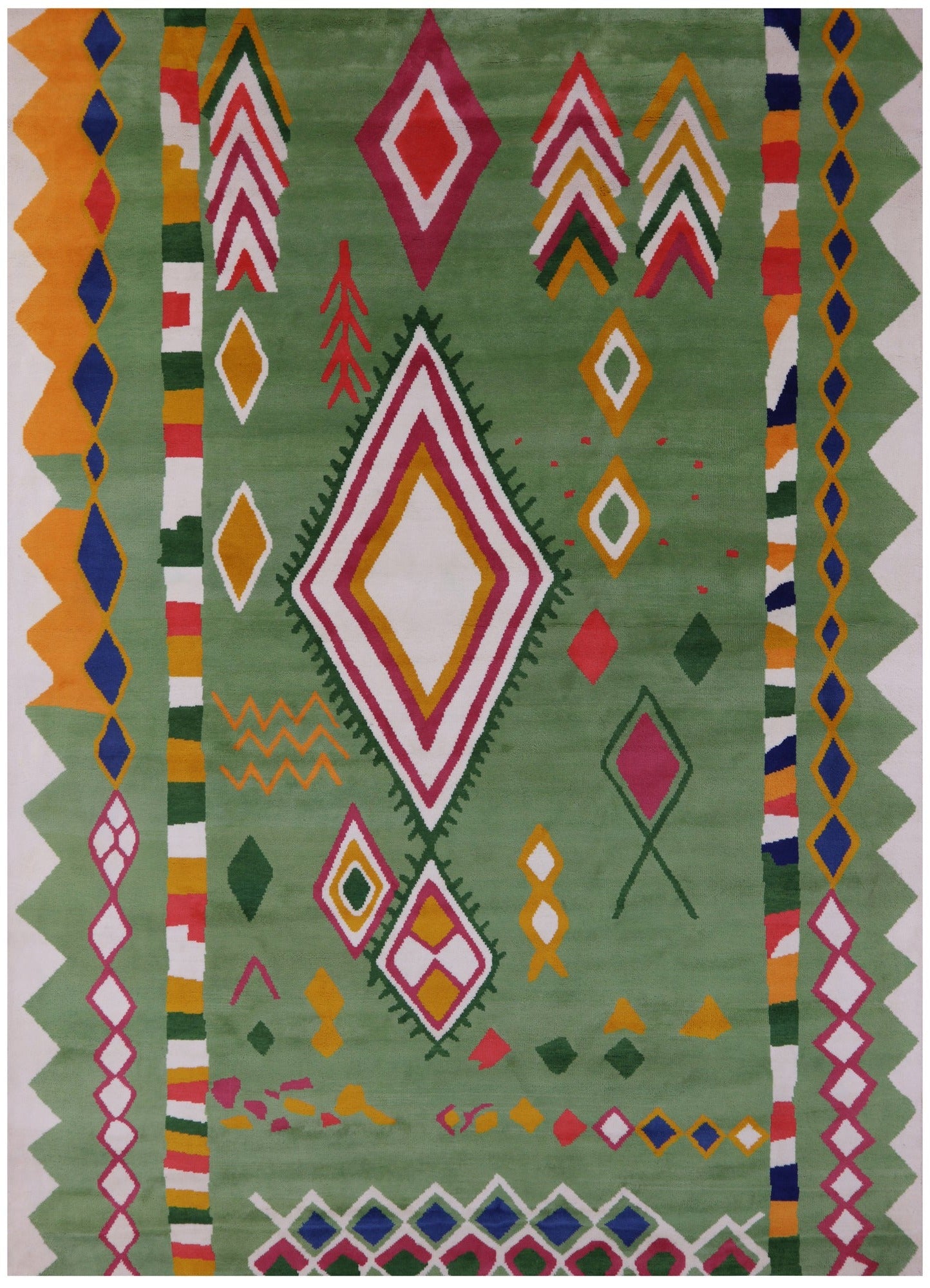Green Tribal Moroccan Hand Knotted Wool Rug - 10' 1" X 13' 10" - Golden Nile
