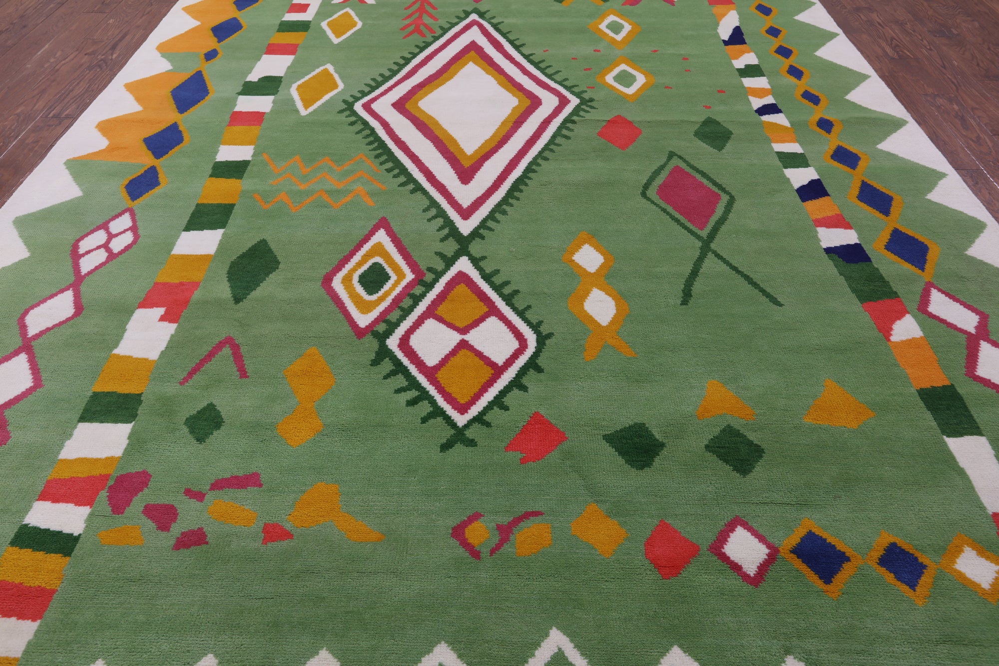 Green Tribal Moroccan Hand Knotted Wool Rug - 10' 1" X 13' 10" - Golden Nile