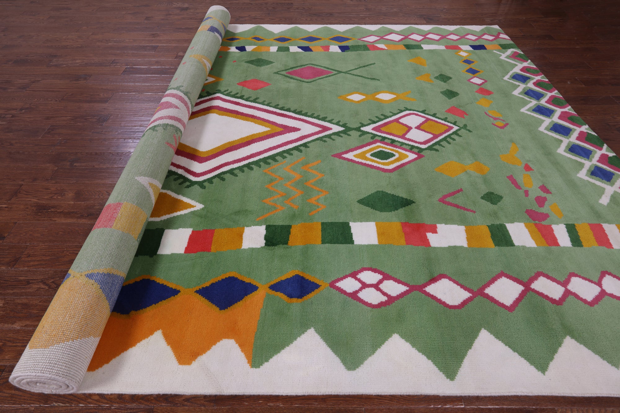 Green Tribal Moroccan Hand Knotted Wool Rug - 10' 1" X 13' 10" - Golden Nile