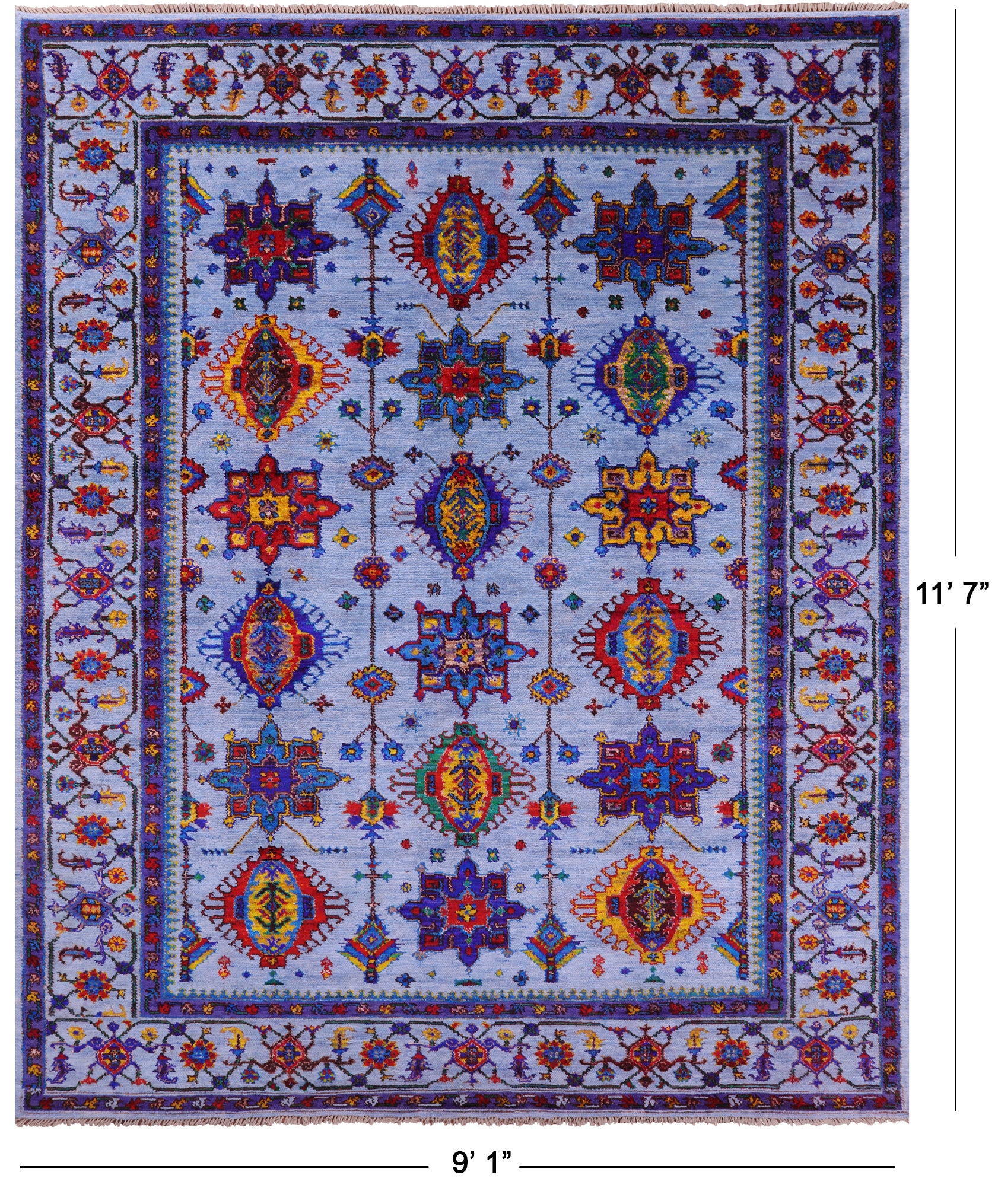 Blue Persian Fine Serapi Hand Knotted Wool & Silk Rug - 9' 1" X 11' 7" - Golden Nile