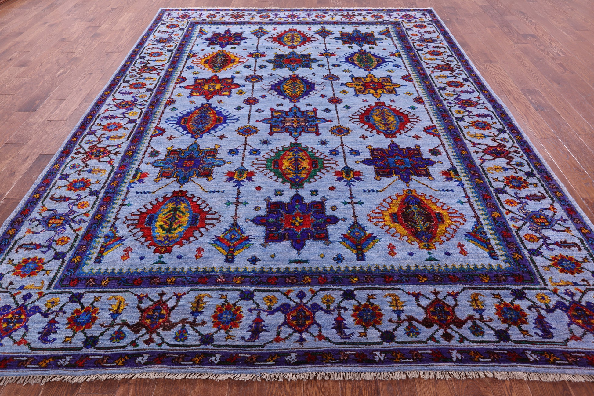 Blue Persian Fine Serapi Hand Knotted Wool & Silk Rug - 9' 1" X 11' 7" - Golden Nile