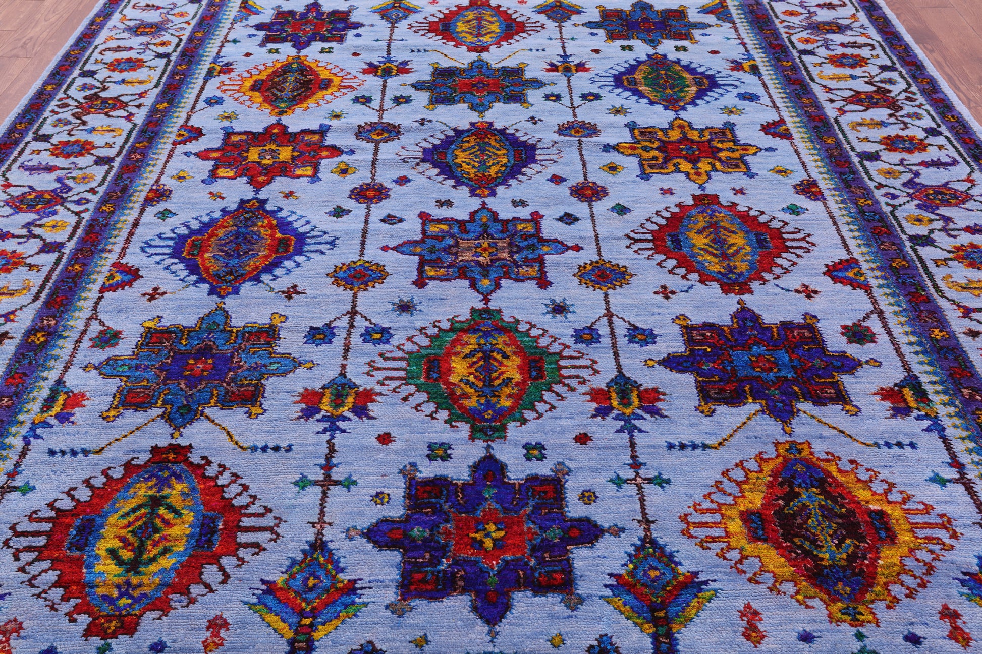 Blue Persian Fine Serapi Hand Knotted Wool & Silk Rug - 9' 1" X 11' 7" - Golden Nile