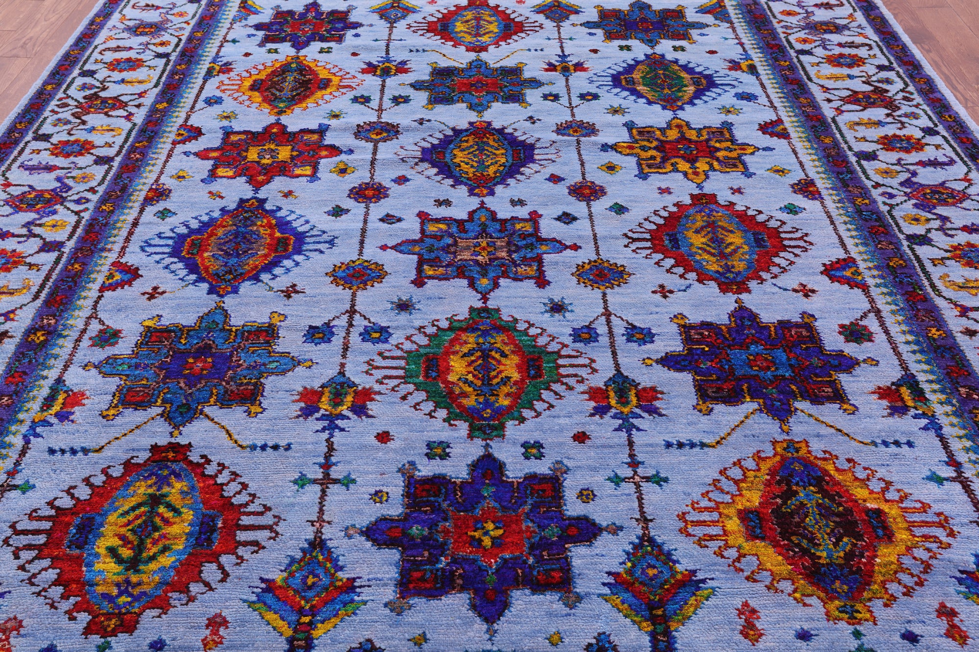 Blue Persian Fine Serapi Hand Knotted Wool & Silk Rug - 9' 1" X 11' 7" - Golden Nile