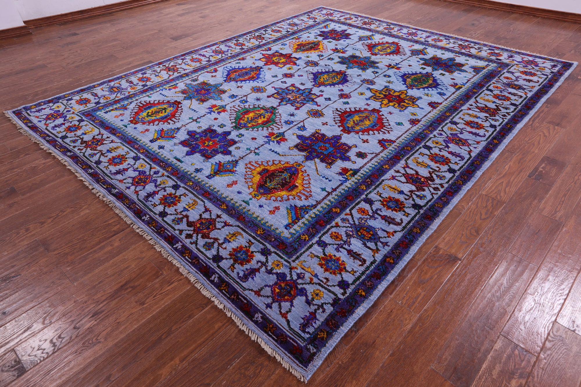 Blue Persian Fine Serapi Hand Knotted Wool & Silk Rug - 9' 1" X 11' 7" - Golden Nile