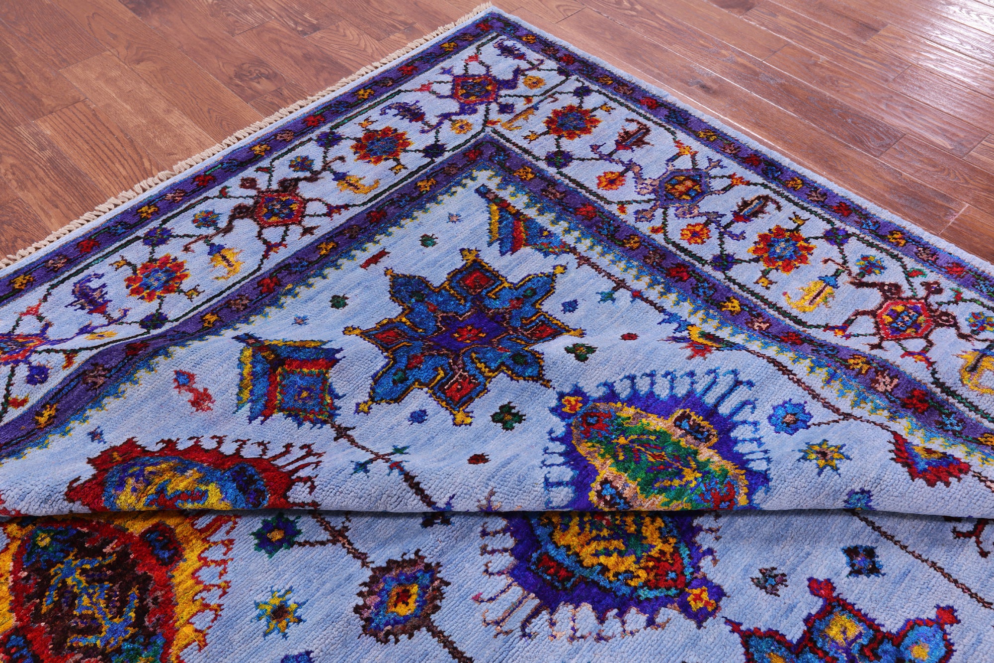 Blue Persian Fine Serapi Hand Knotted Wool & Silk Rug - 9' 1" X 11' 7" - Golden Nile