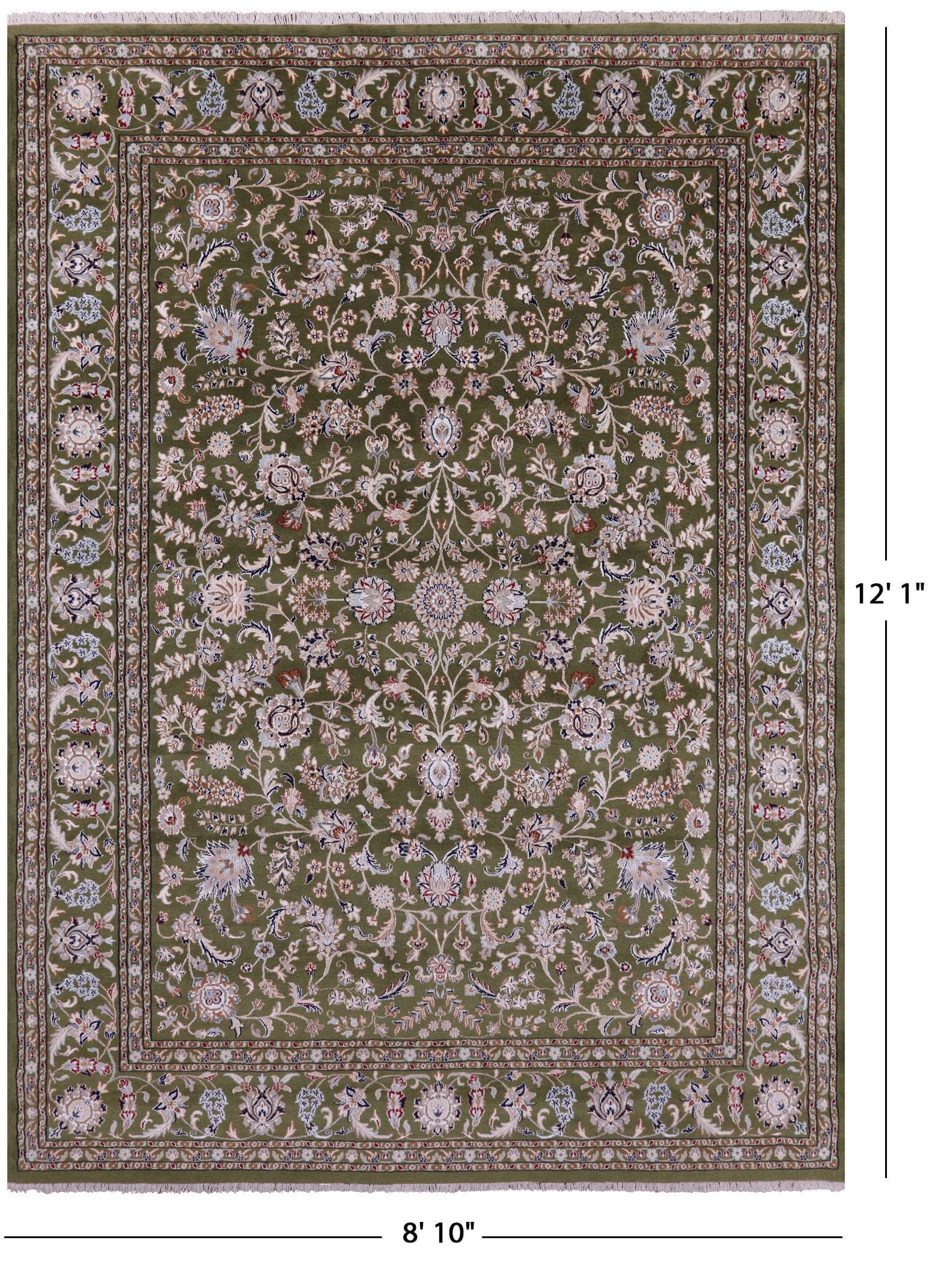 Green Persian Nain Hand Knotted Wool & Silk Rug - 8' 10" X 12' 1" - Golden Nile