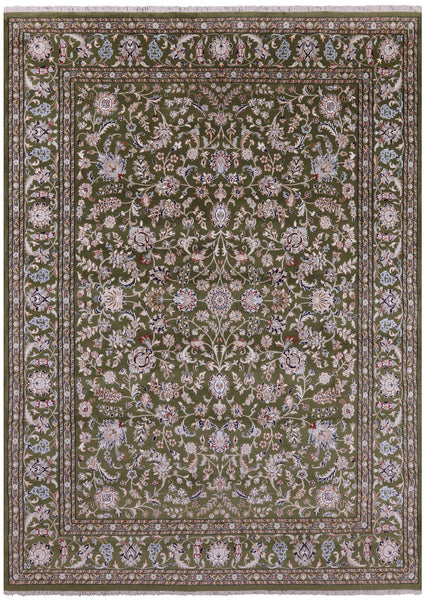 Green Persian Nain Hand Knotted Wool & Silk Rug - 8' 10" X 12' 1" - Golden Nile