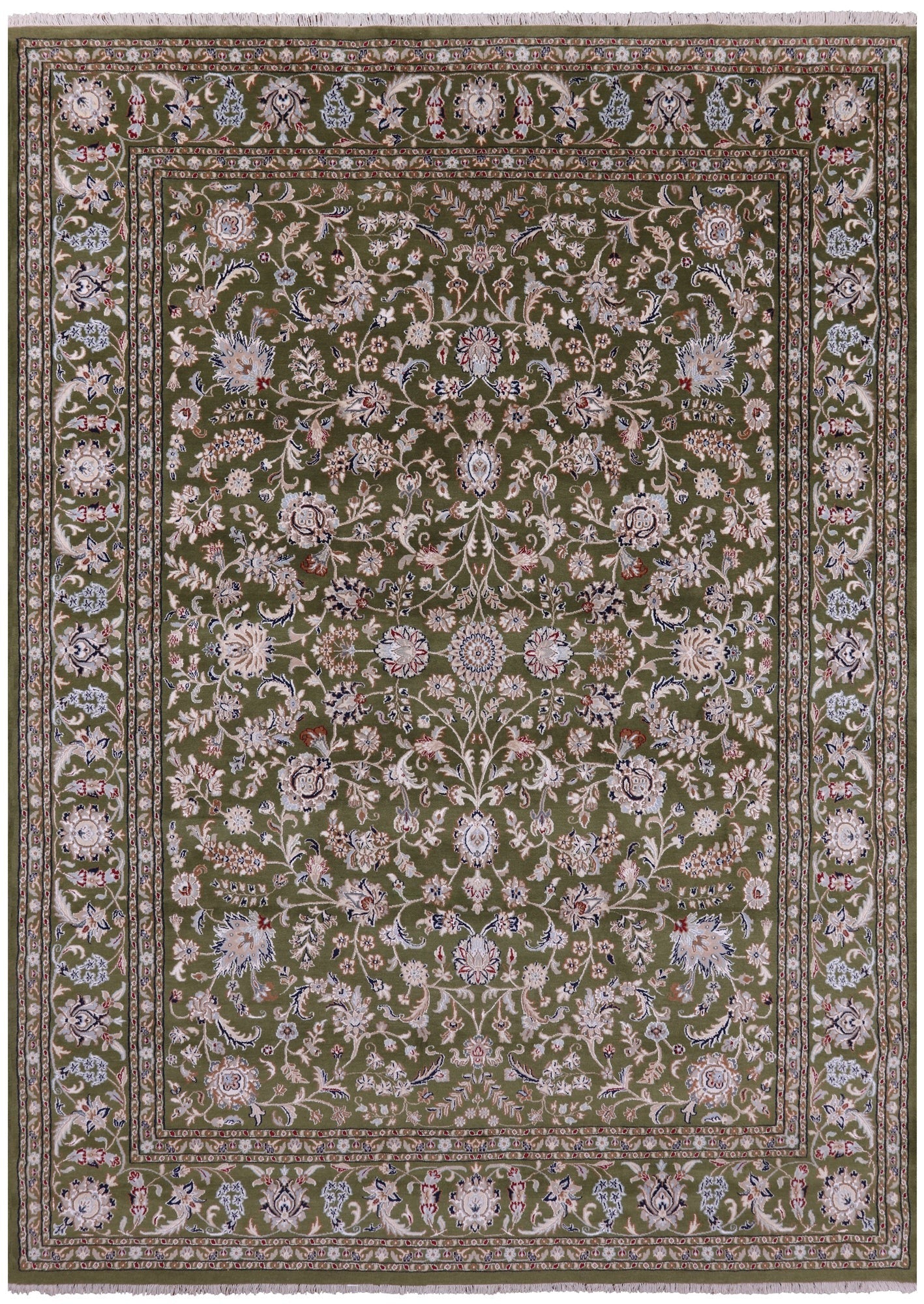 Green Persian Nain Hand Knotted Wool & Silk Rug - 8' 10" X 12' 1" - Golden Nile