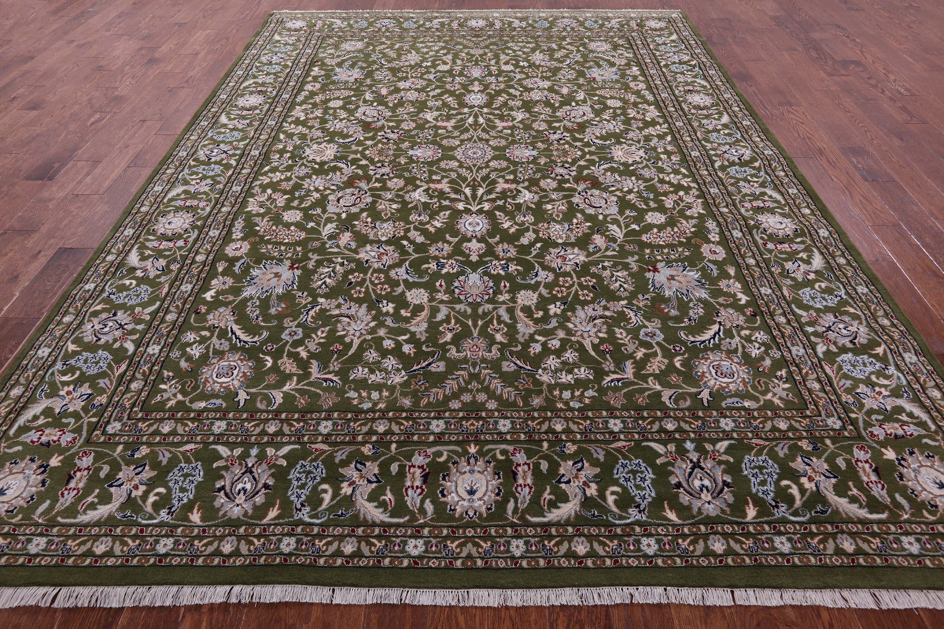Green Persian Nain Hand Knotted Wool & Silk Rug - 8' 10" X 12' 1" - Golden Nile