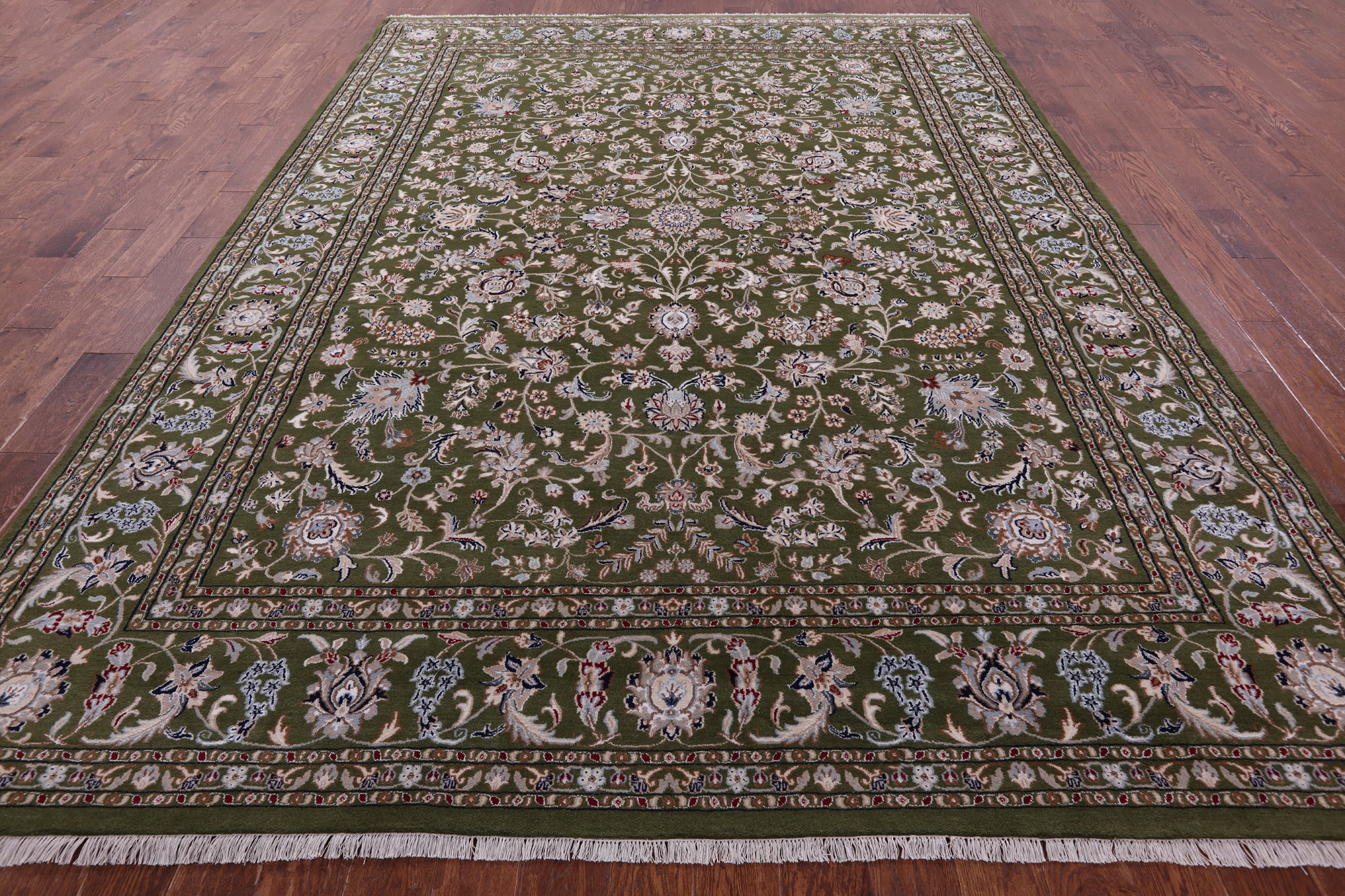 Green Persian Nain Hand Knotted Wool & Silk Rug - 8' 10" X 12' 1" - Golden Nile
