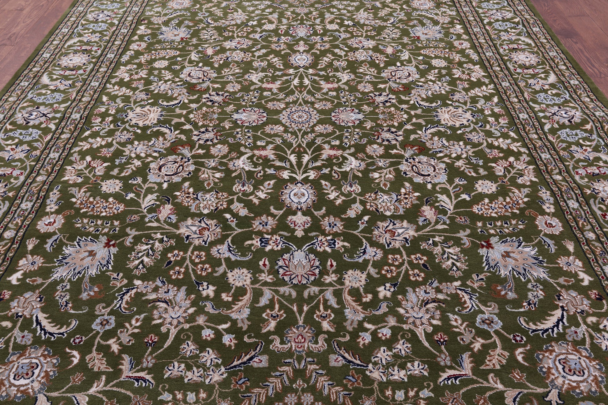 Green Persian Nain Hand Knotted Wool & Silk Rug - 8' 10" X 12' 1" - Golden Nile