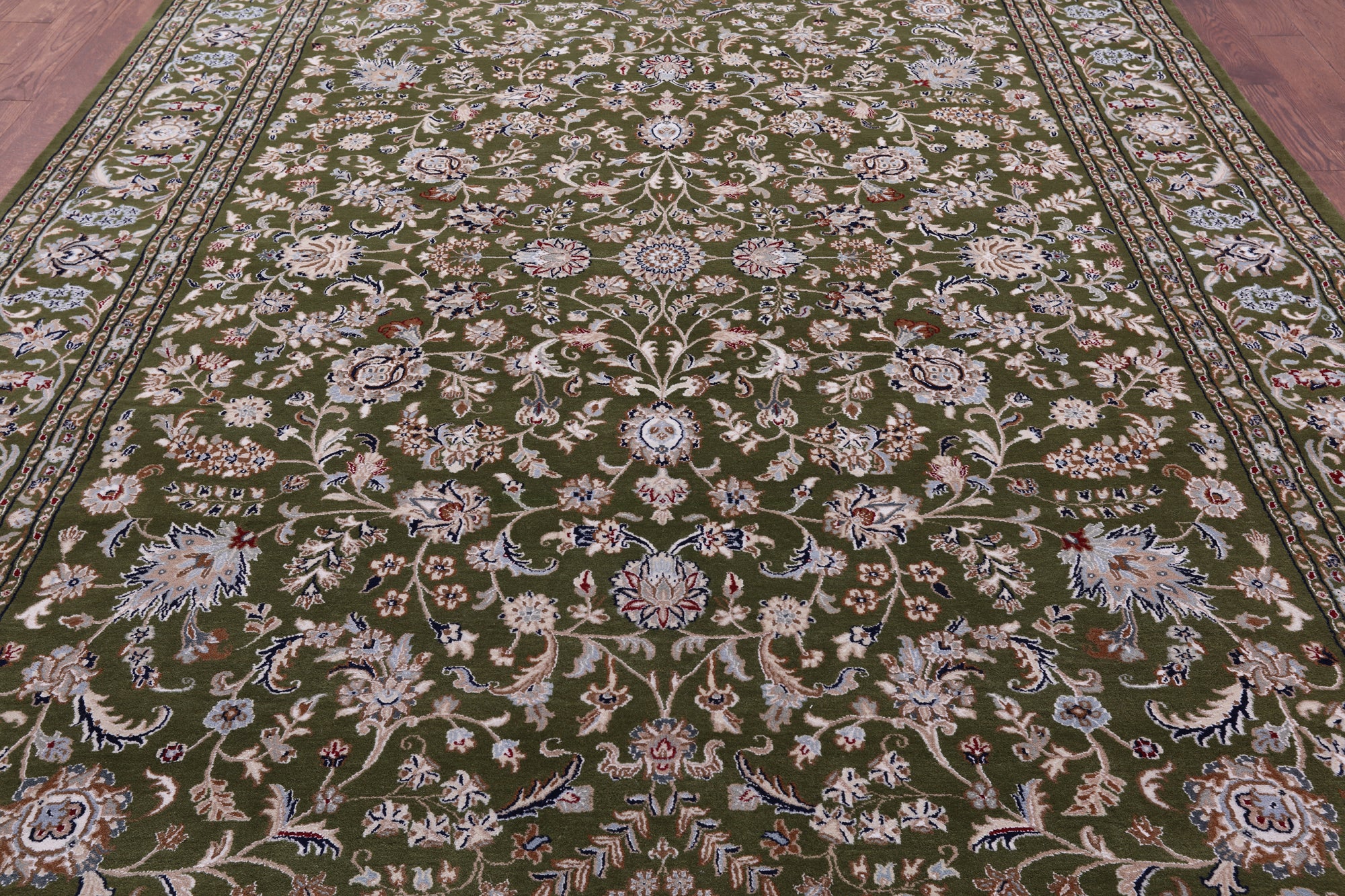 Green Persian Nain Hand Knotted Wool & Silk Rug - 8' 10" X 12' 1" - Golden Nile