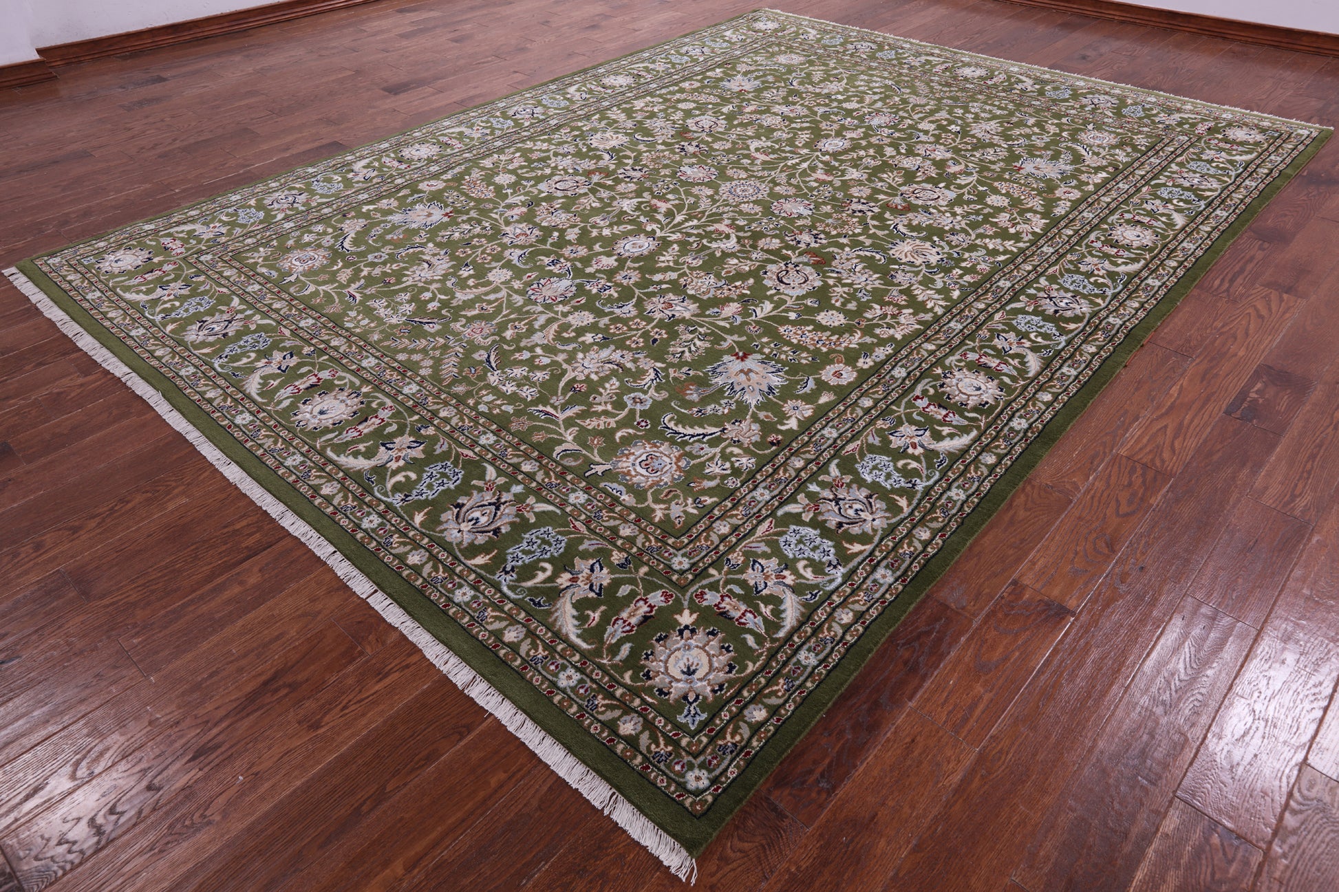 Green Persian Nain Hand Knotted Wool & Silk Rug - 8' 10" X 12' 1" - Golden Nile