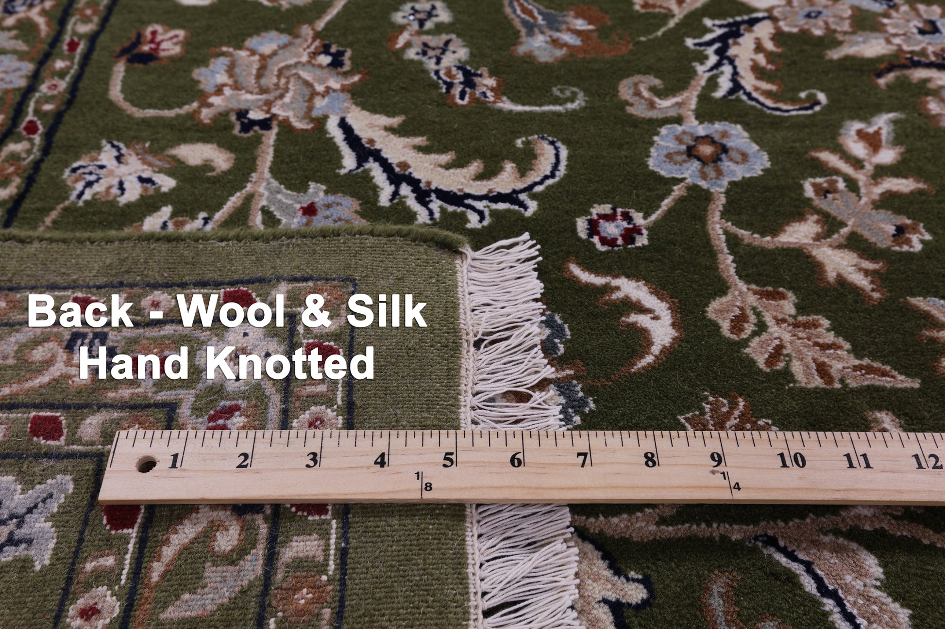 Green Persian Nain Hand Knotted Wool & Silk Rug - 8' 10" X 12' 1" - Golden Nile