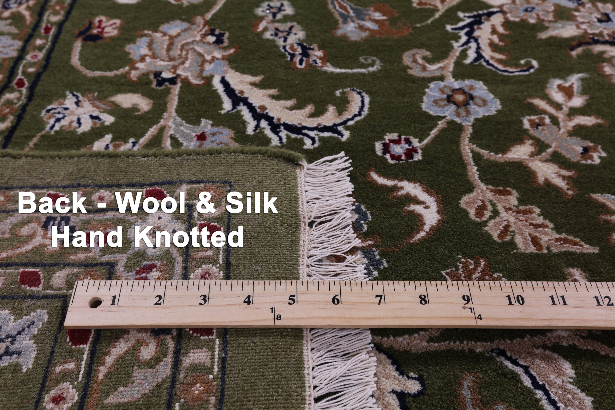 Green Persian Nain Hand Knotted Wool & Silk Rug - 8' 10" X 12' 1" - Golden Nile