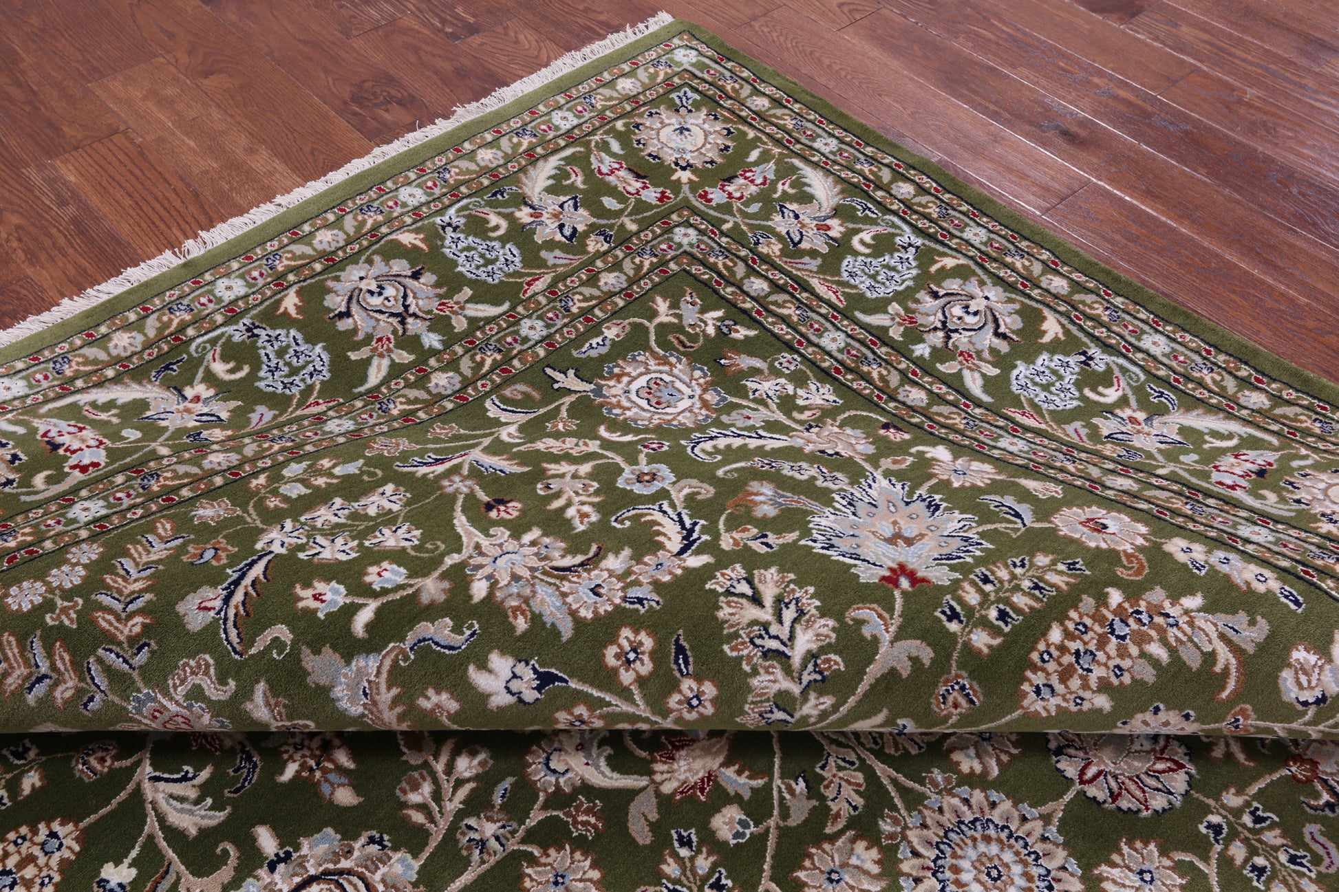 Green Persian Nain Hand Knotted Wool & Silk Rug - 8' 10" X 12' 1" - Golden Nile
