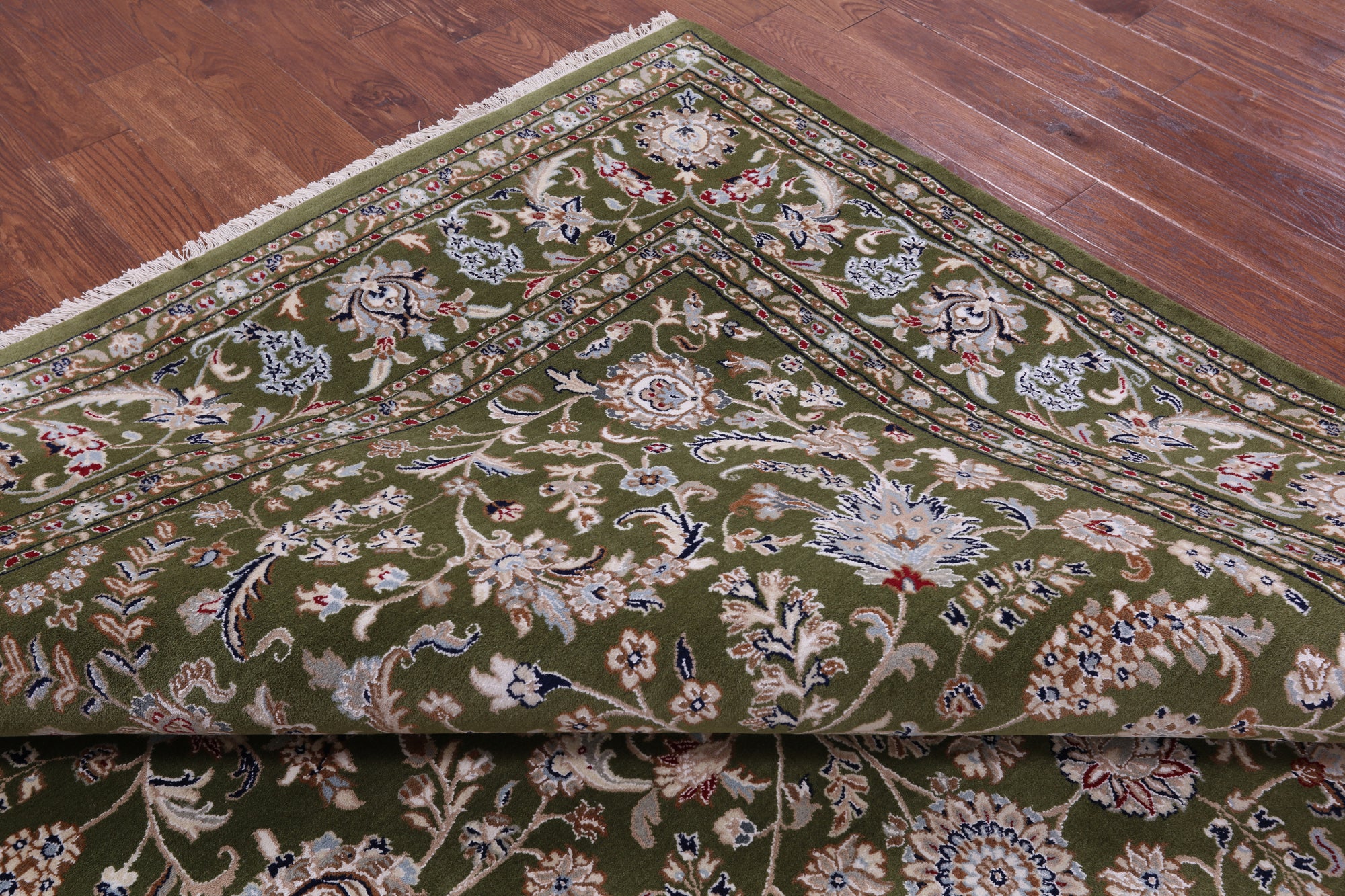 Green Persian Nain Hand Knotted Wool & Silk Rug - 8' 10" X 12' 1" - Golden Nile