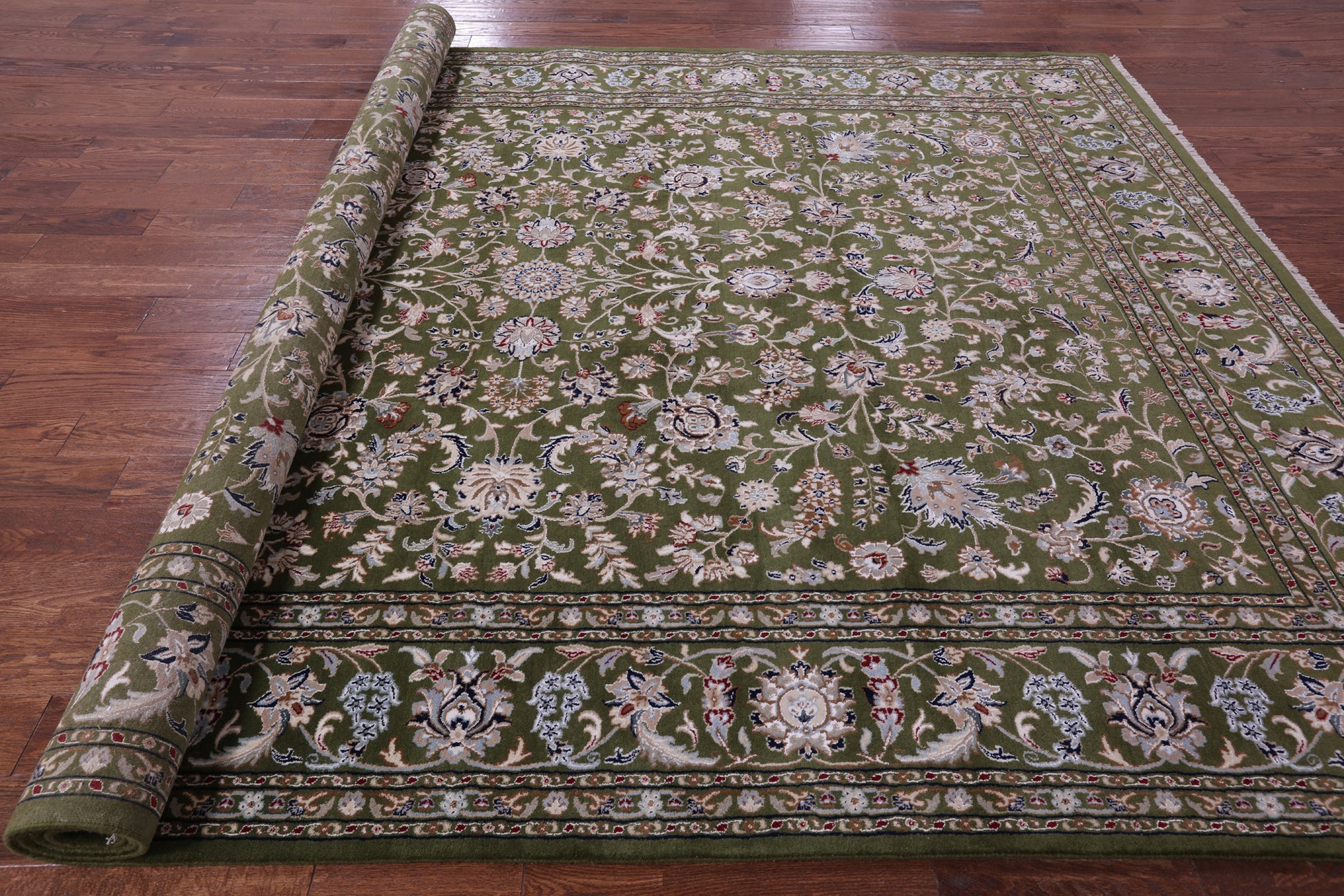 Green Persian Nain Hand Knotted Wool & Silk Rug - 8' 10" X 12' 1" - Golden Nile