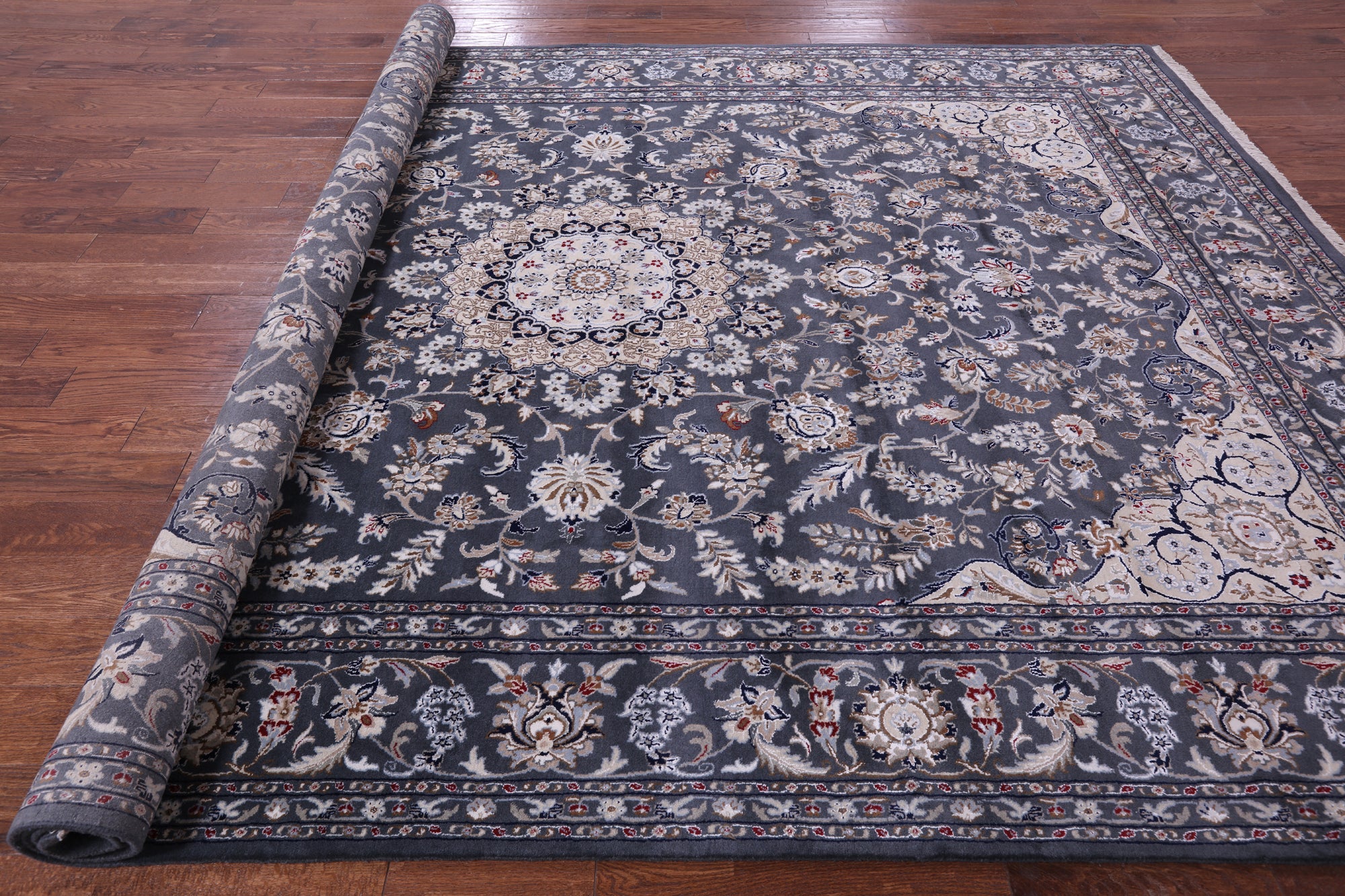 Grey Persian Nain Hand Knotted Wool & Silk Rug - 8' 10" X 12' 2" - Golden Nile