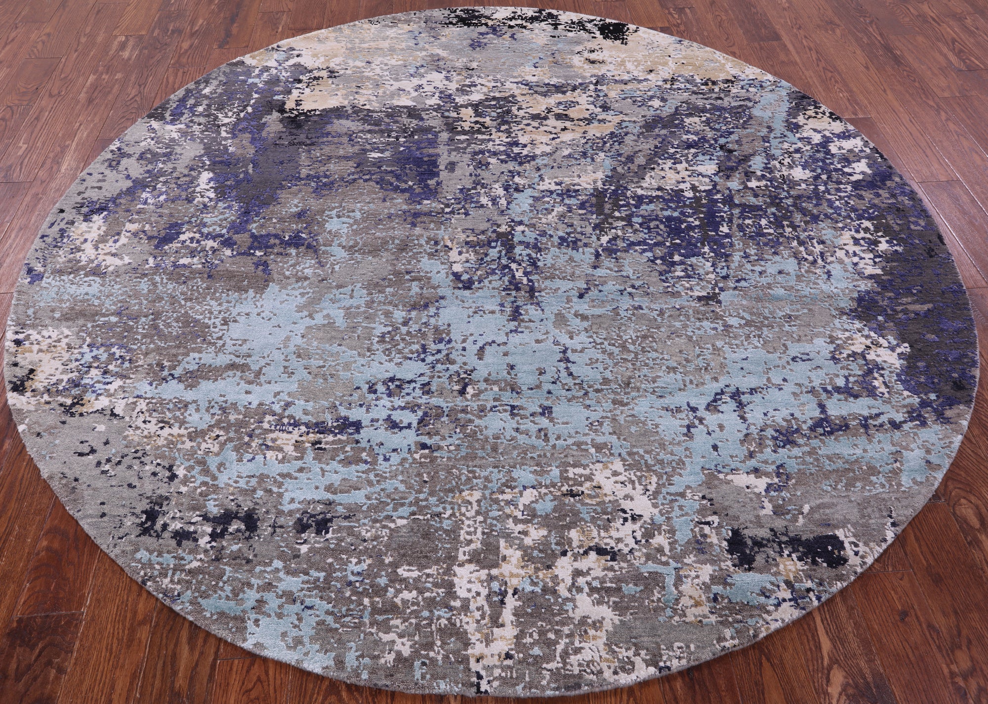 Round Abstract Contemporary Hand Knotted Wool & Silk Rug - 7' 10" X 7' 11" - Golden Nile
