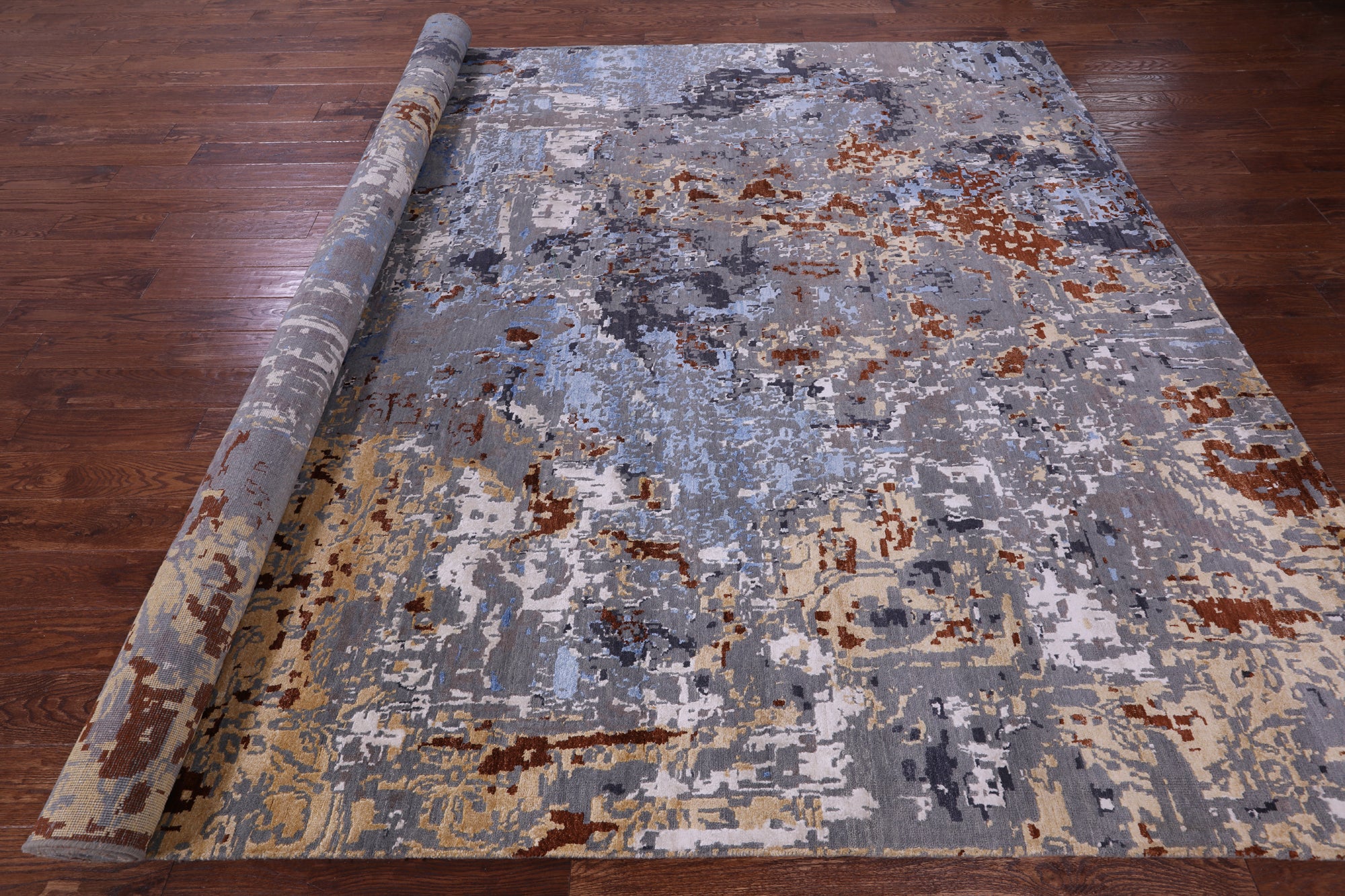 Abstract Contemporary Handmade Wool & Silk Rug - 8' 11" X 12' 2" - Golden Nile