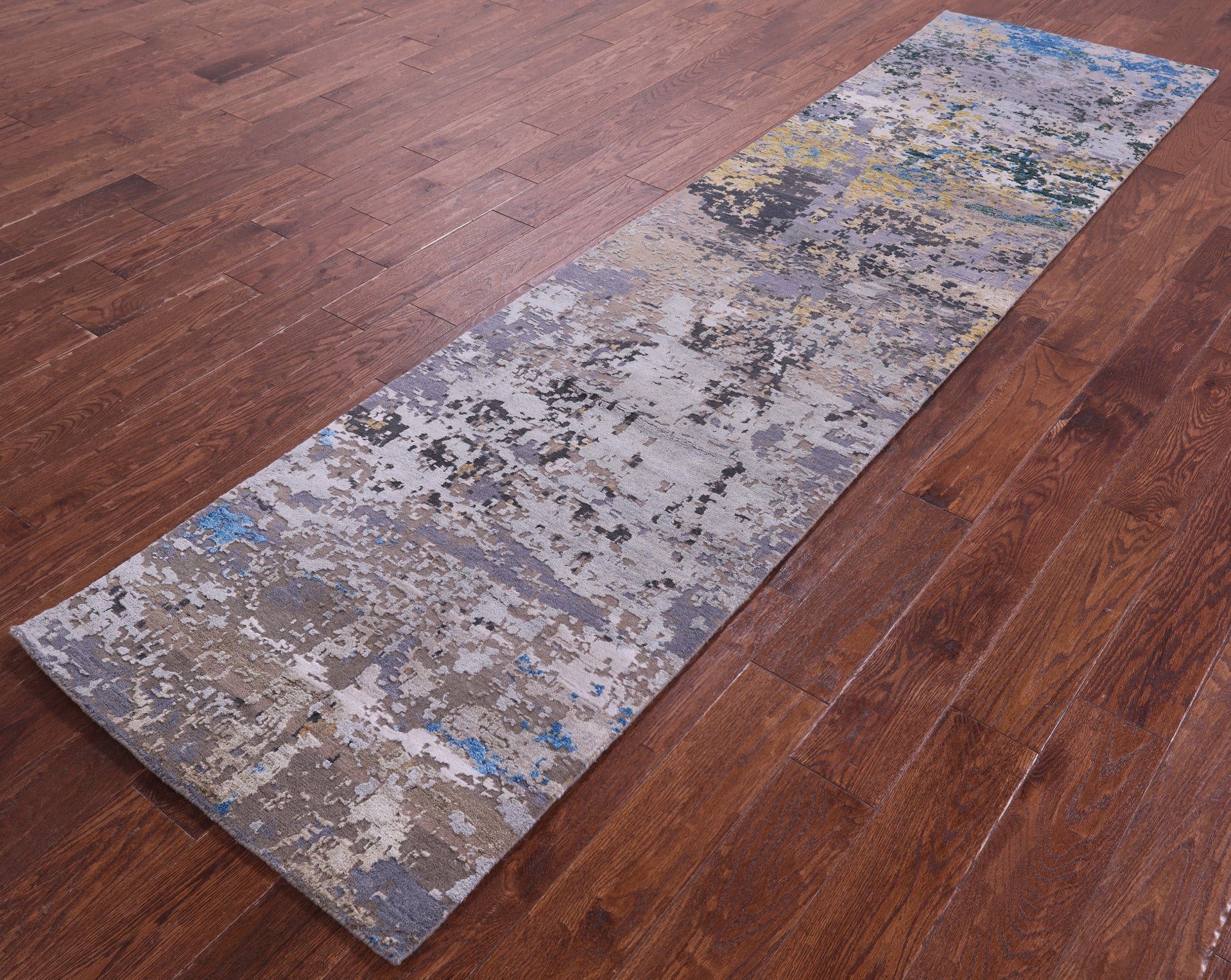 Abstract Contemporary Hand Knotted Wool & Silk Runner Rug - 2' 7" X 10' 2" - Golden Nile