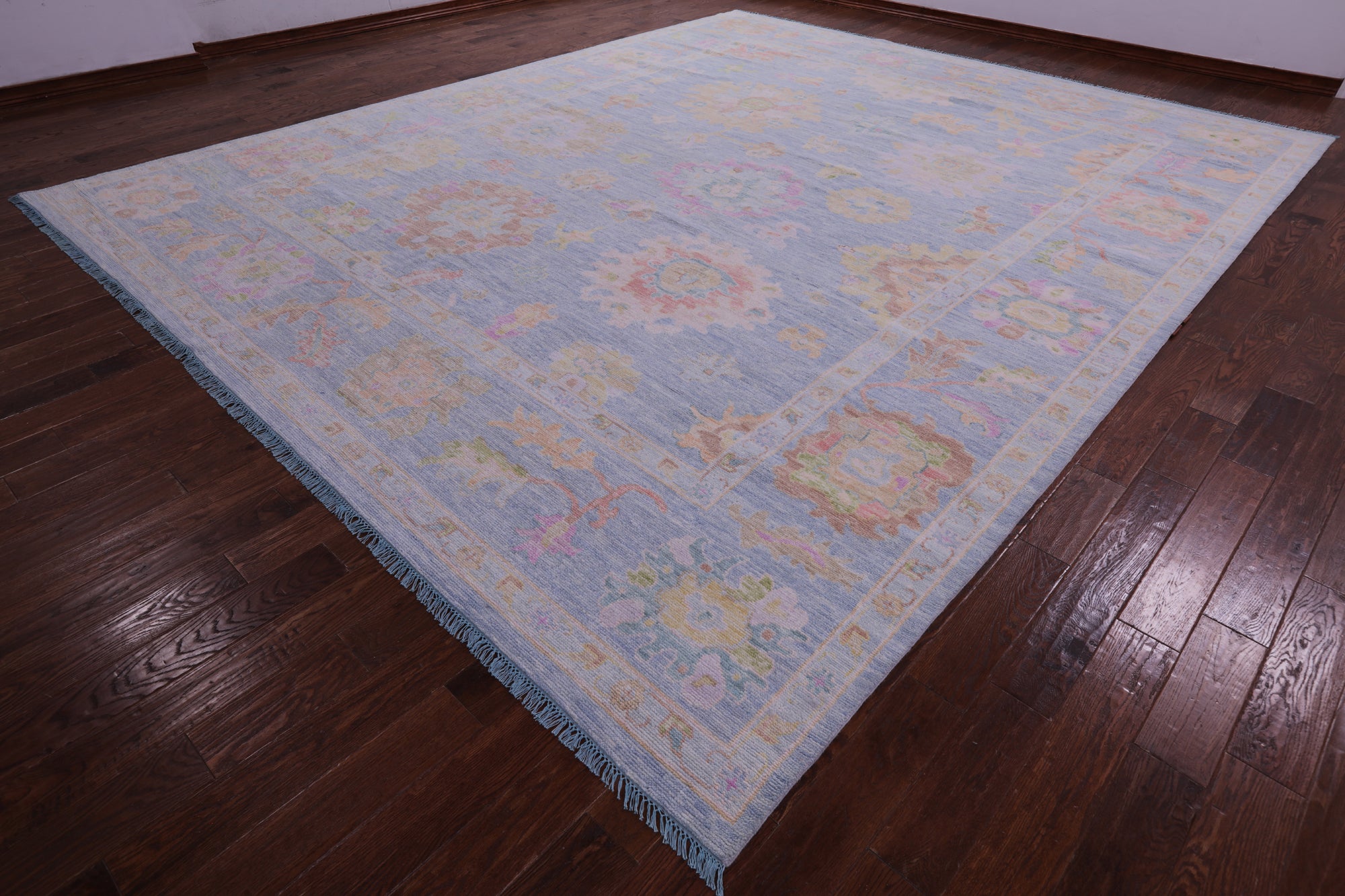 Light Blue Turkish Oushak Hand Knotted Wool Rug - 12' 3" X 14' 9" - Golden Nile