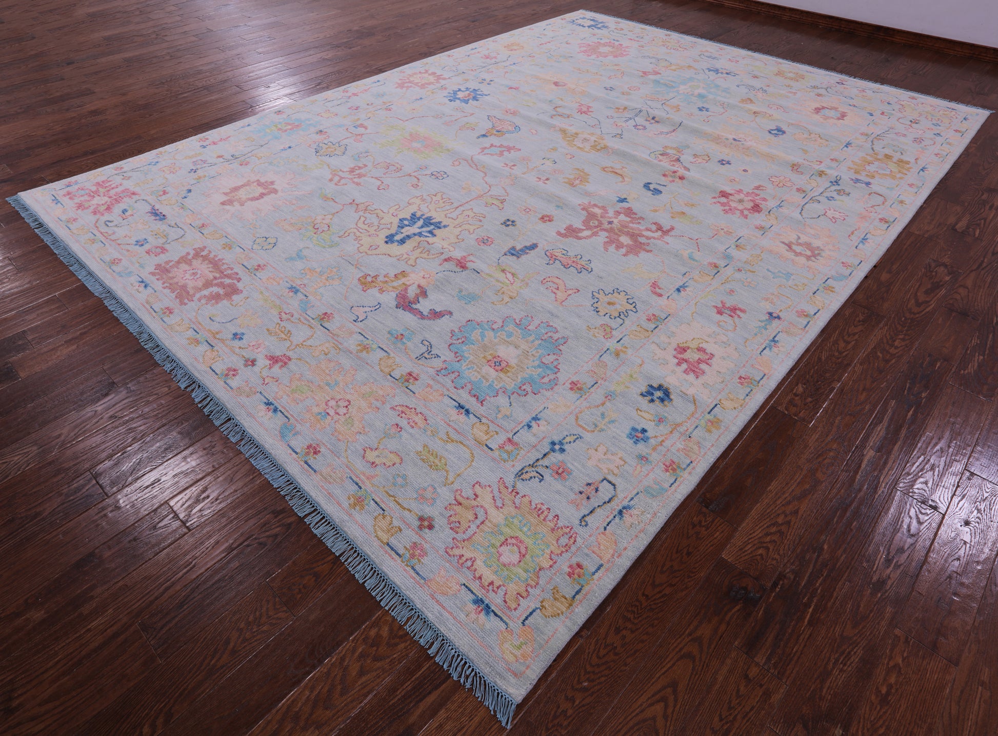 Light Blue Turkish Oushak Hand Knotted Wool Rug - 10' 0" X 13' 10" - Golden Nile