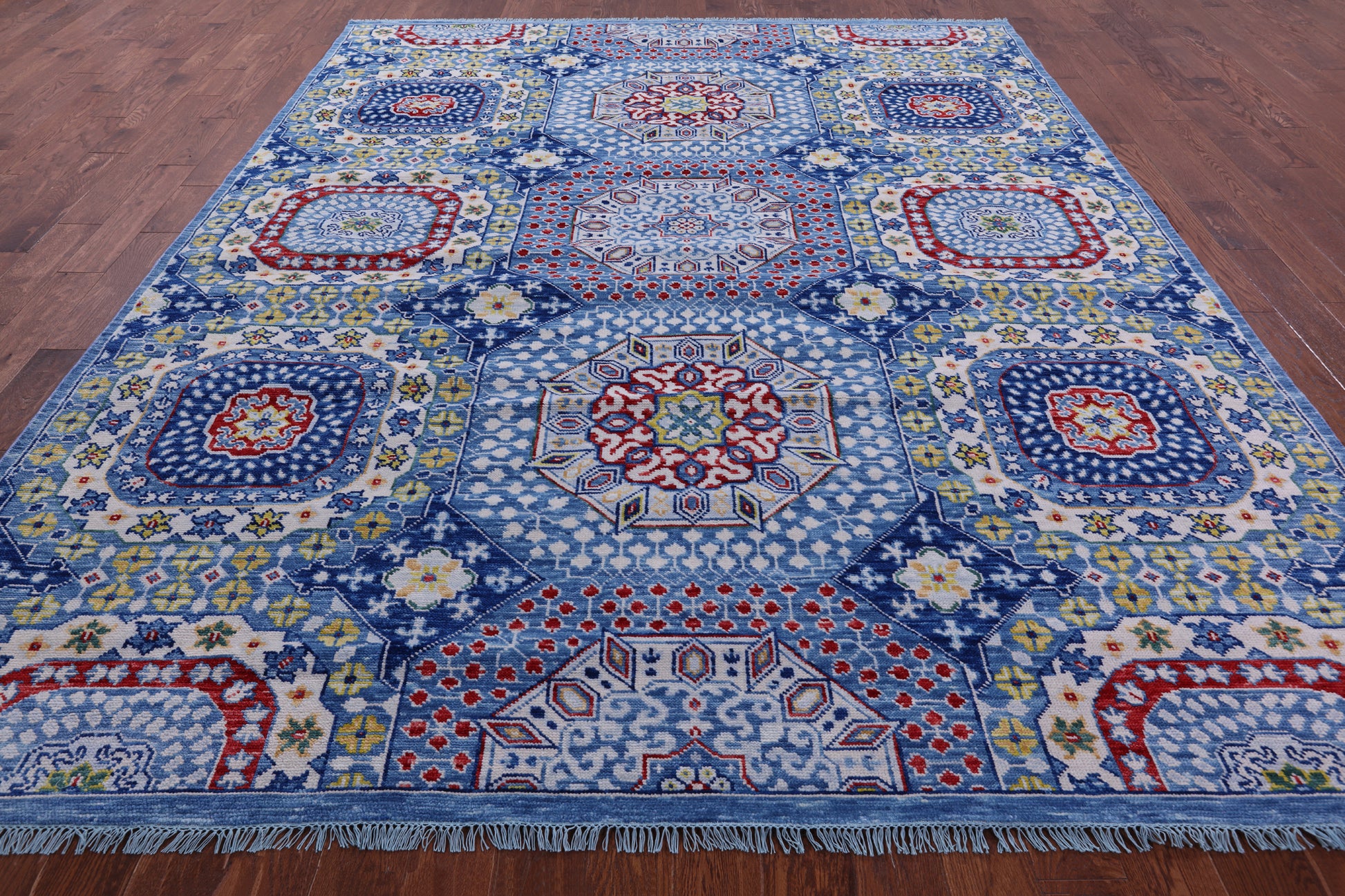 Blue Geometric Persian Mamluk Hand Knotted Wool Rug - 9' 3" X 11' 7" - Golden Nile