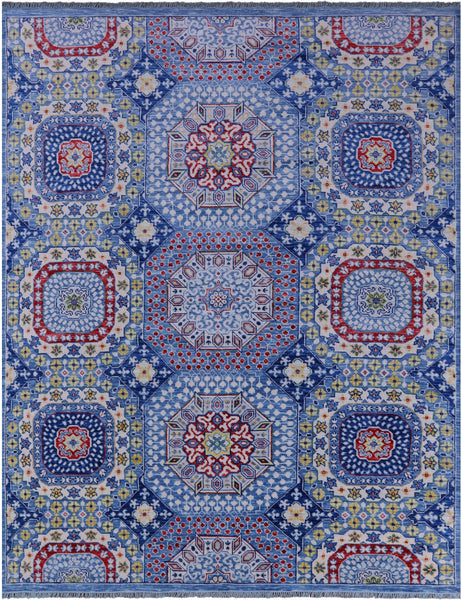 Blue Geometric Persian Mamluk Hand Knotted Wool Rug - 9' 3" X 11' 7" - Golden Nile