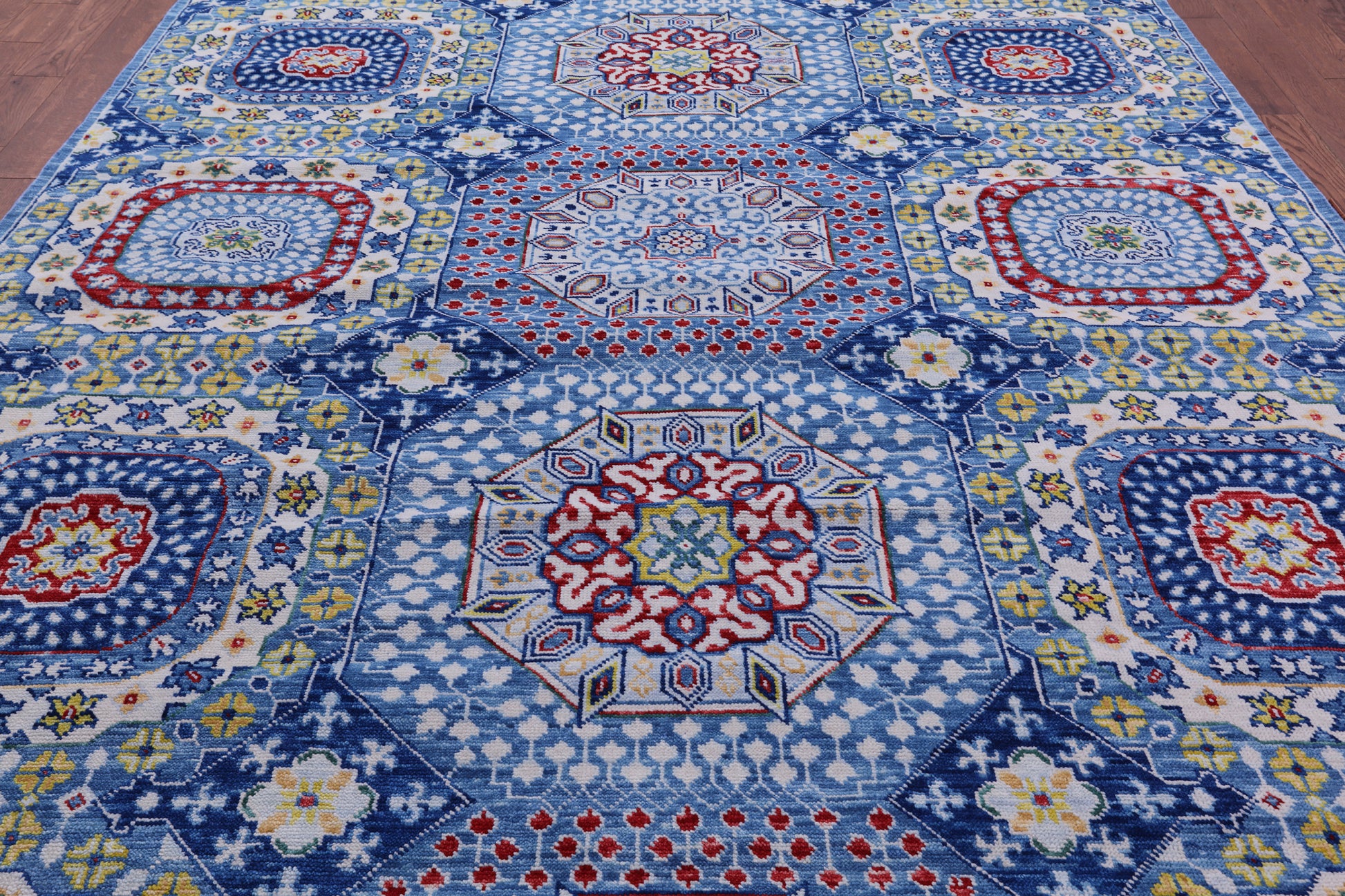 Blue Geometric Persian Mamluk Hand Knotted Wool Rug - 9' 3" X 11' 7" - Golden Nile