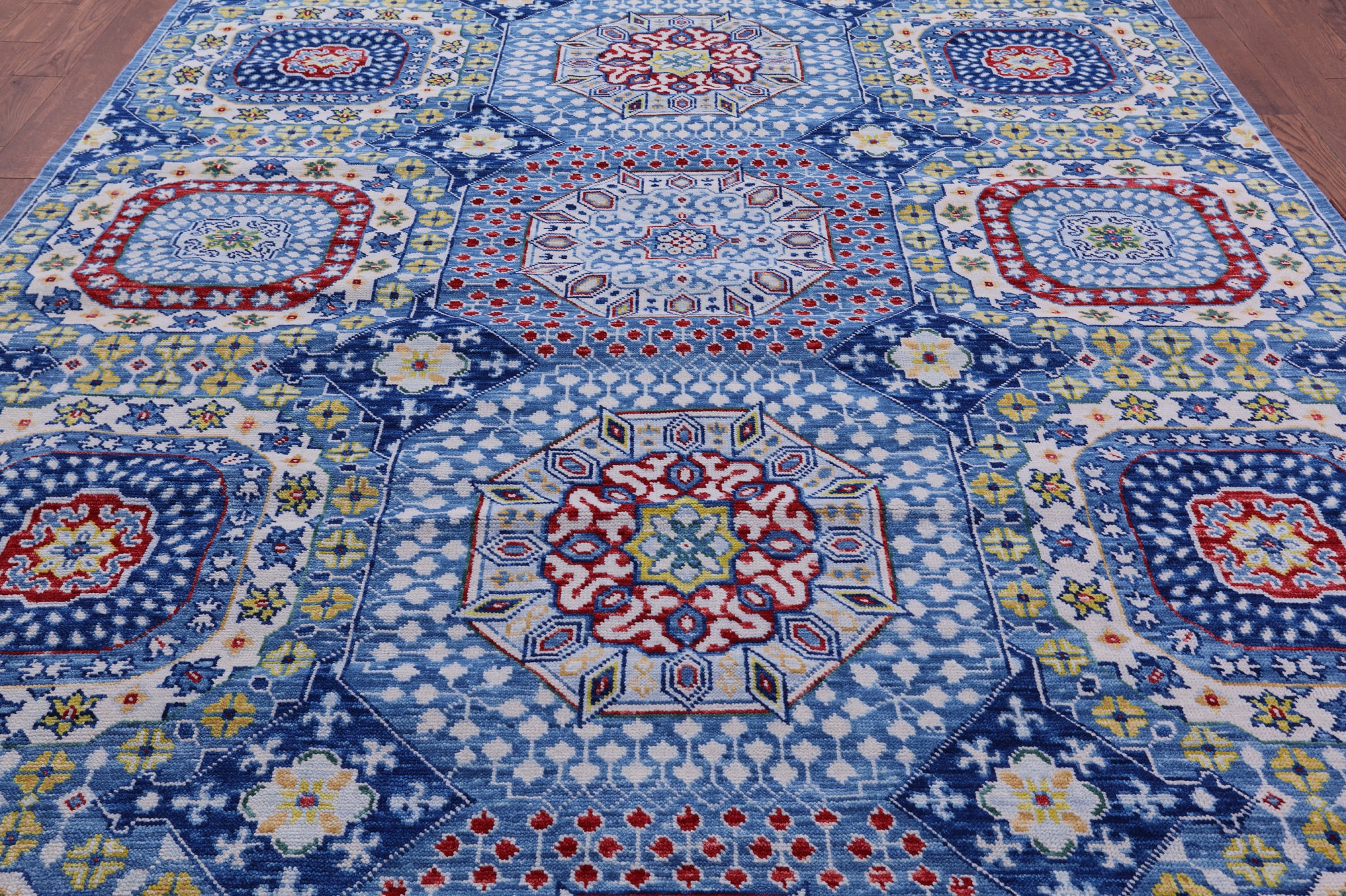 Blue Geometric Persian Mamluk Hand Knotted Wool Rug - 9' 3" X 11' 7" - Golden Nile
