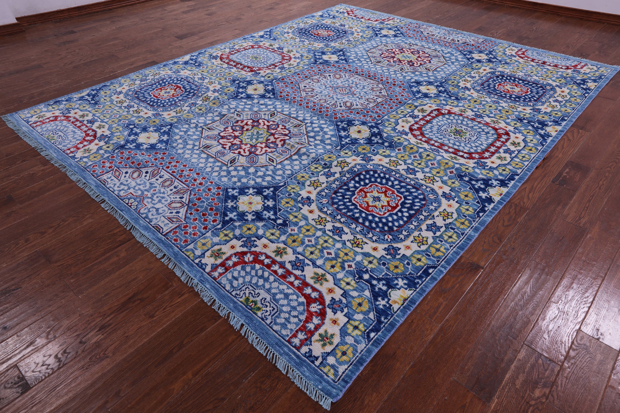 Blue Geometric Persian Mamluk Hand Knotted Wool Rug - 9' 3" X 11' 7" - Golden Nile