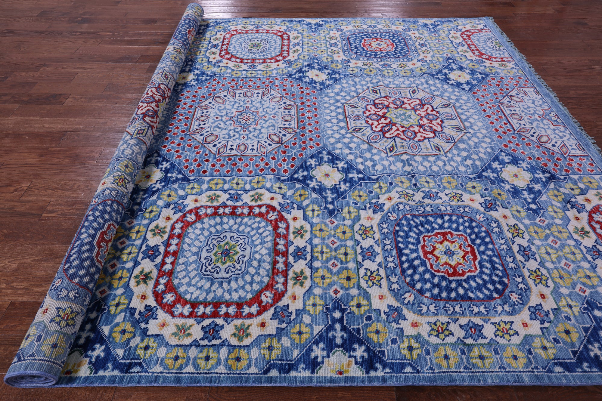 Blue Geometric Persian Mamluk Hand Knotted Wool Rug - 9' 3" X 11' 7" - Golden Nile