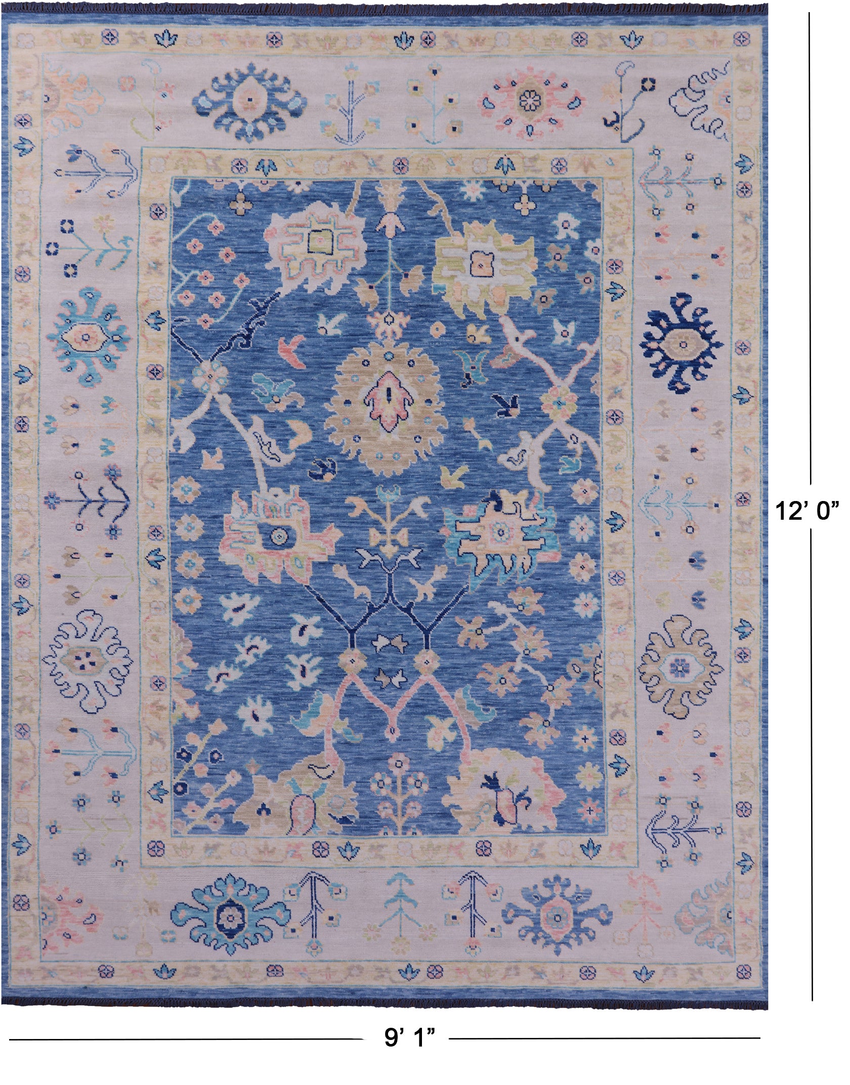 Blue Turkish Oushak Hand Knotted Wool Rug - 9' 1" X 12' 0" - Golden Nile