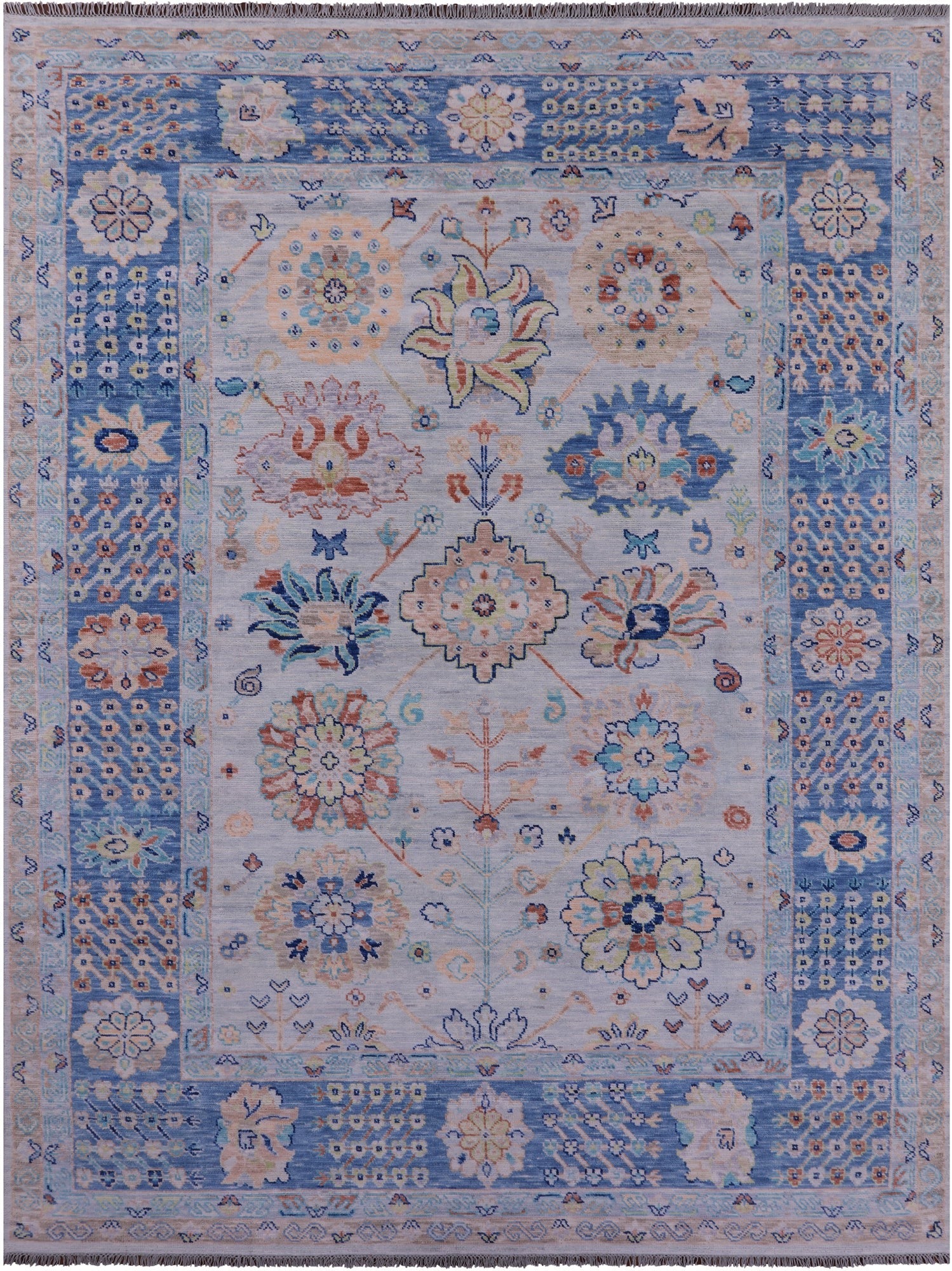 Light Blue Turkish Oushak Hand Knotted Wool Rug - 9' 1" X 12' 1" - Golden Nile