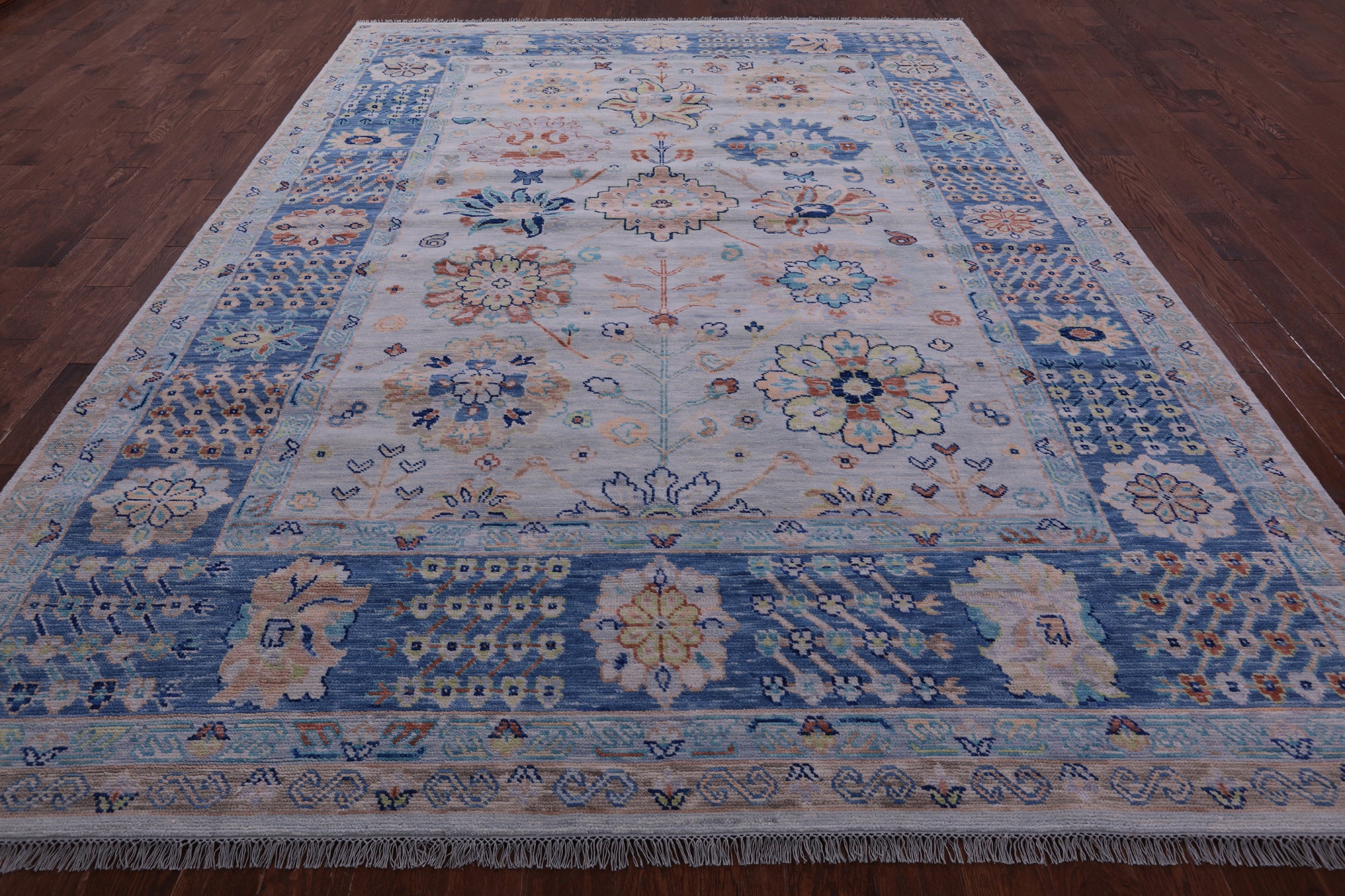 Light Blue Turkish Oushak Hand Knotted Wool Rug - 9' 1" X 12' 1" - Golden Nile