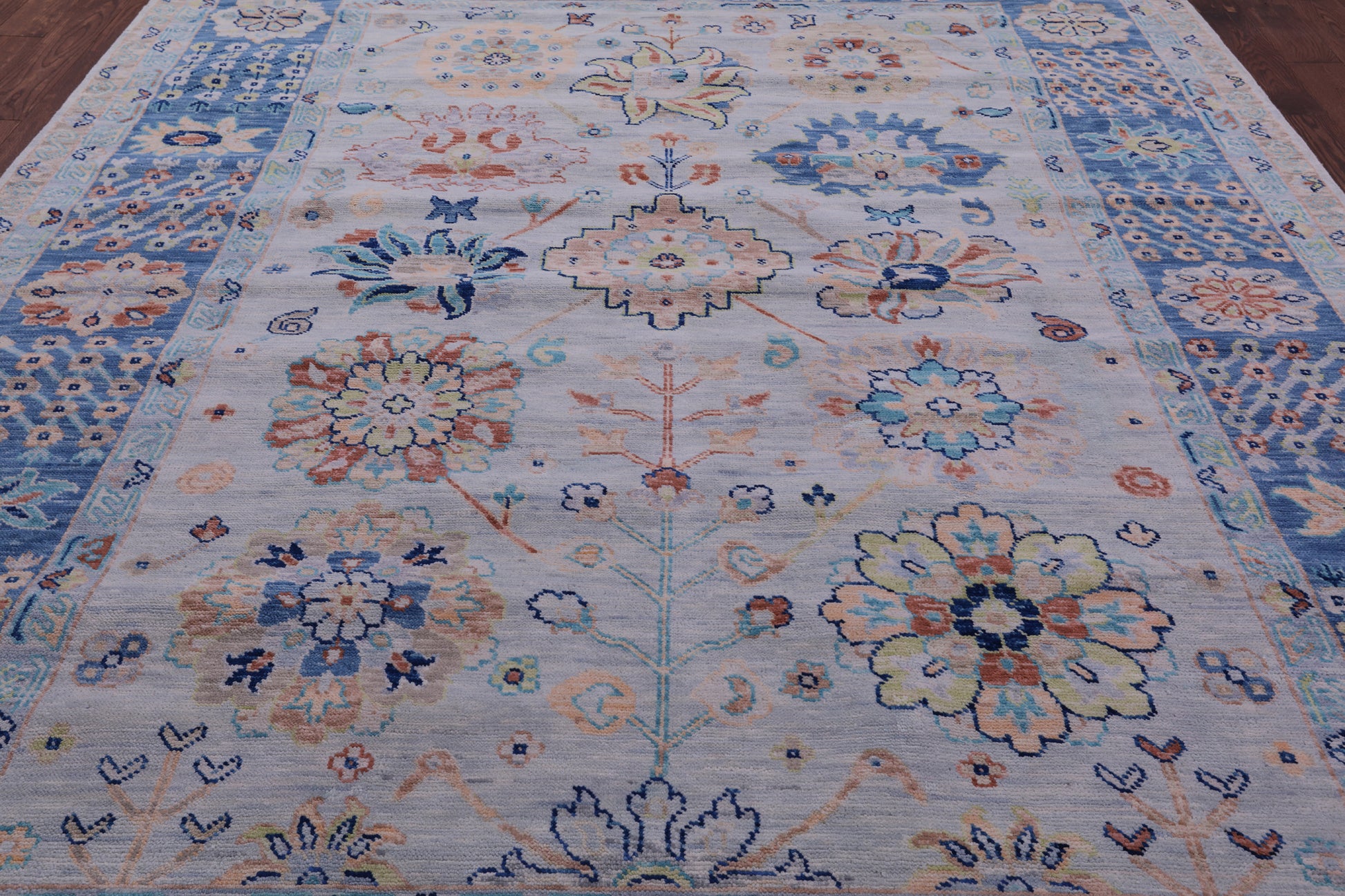 Light Blue Turkish Oushak Hand Knotted Wool Rug - 9' 1" X 12' 1" - Golden Nile