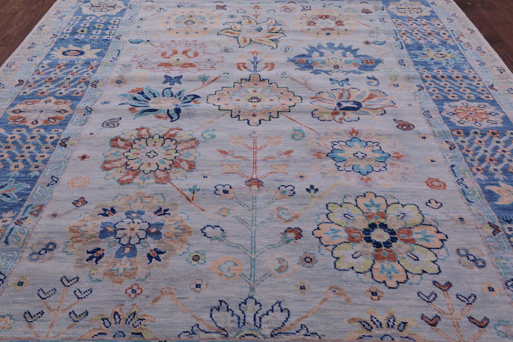 Light Blue Turkish Oushak Hand Knotted Wool Rug - 9' 1" X 12' 1" - Golden Nile
