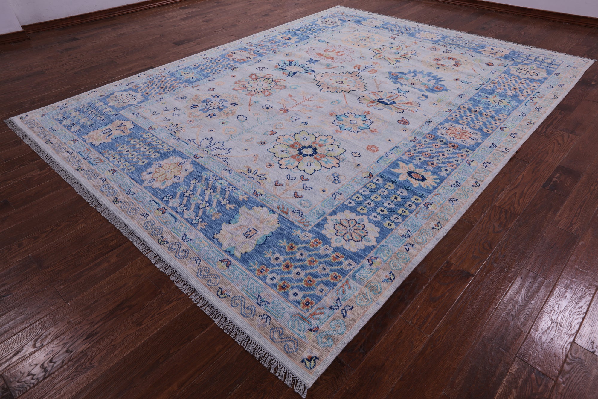Light Blue Turkish Oushak Hand Knotted Wool Rug - 9' 1" X 12' 1" - Golden Nile