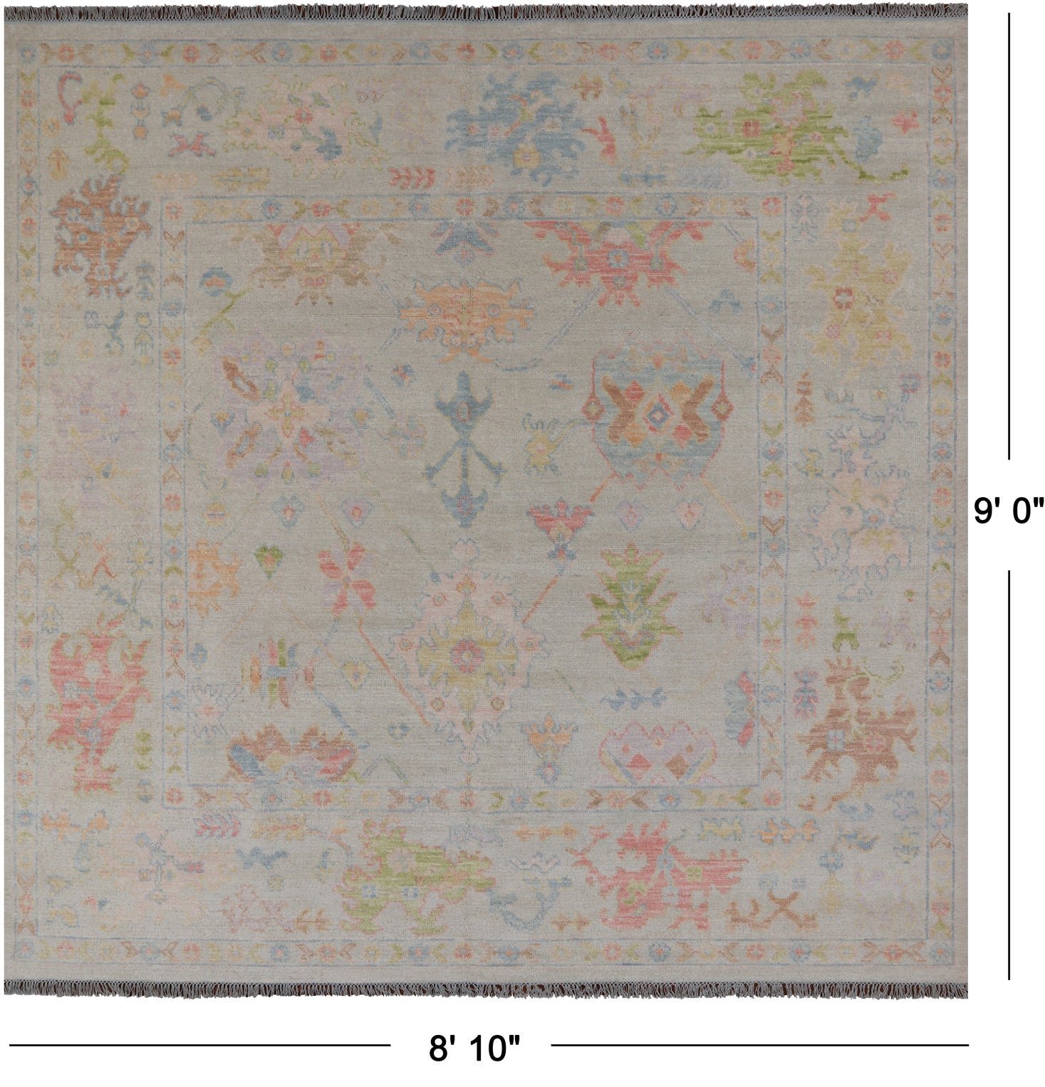 SUPER SALE Ivory Square Turkish Oushak Hand Knotted Wool Rug - 8' 10" X 9' 0"