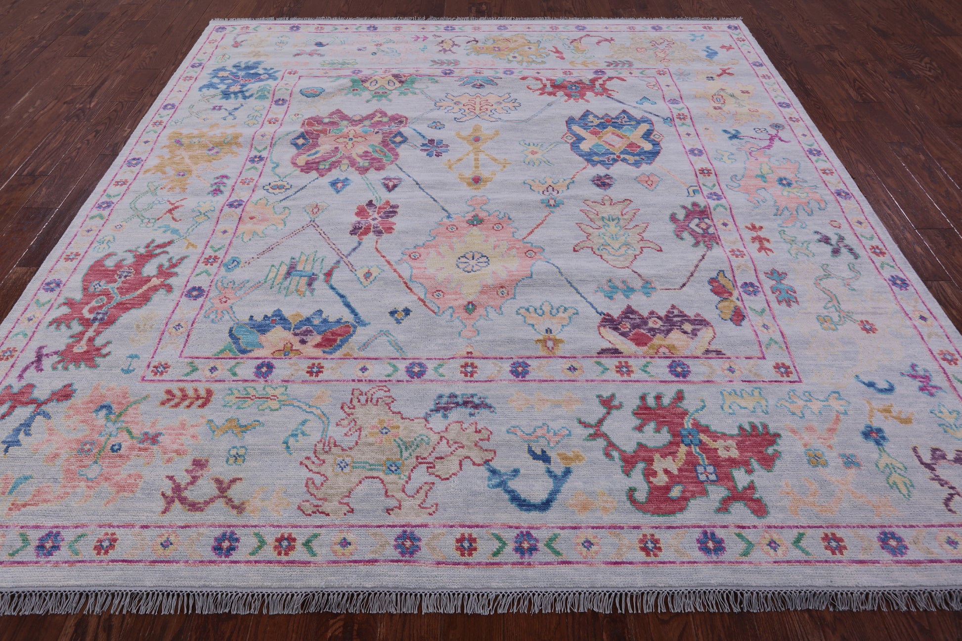 Light Blue Square Turkish Oushak Hand Knotted Wool Rug - 9' 0" X 9' 1" - Golden Nile