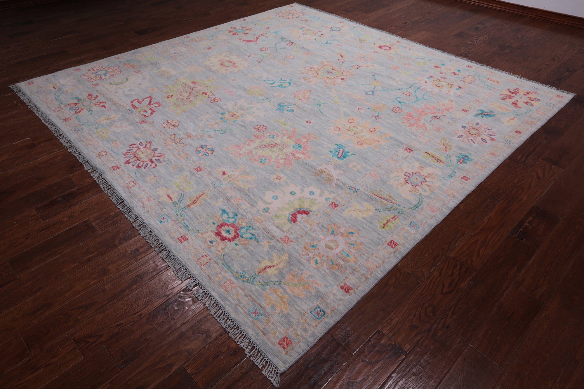 SUPER SALE Silver Square Turkish Oushak Handmade Wool Rug - 9' 0" X 9' 2"