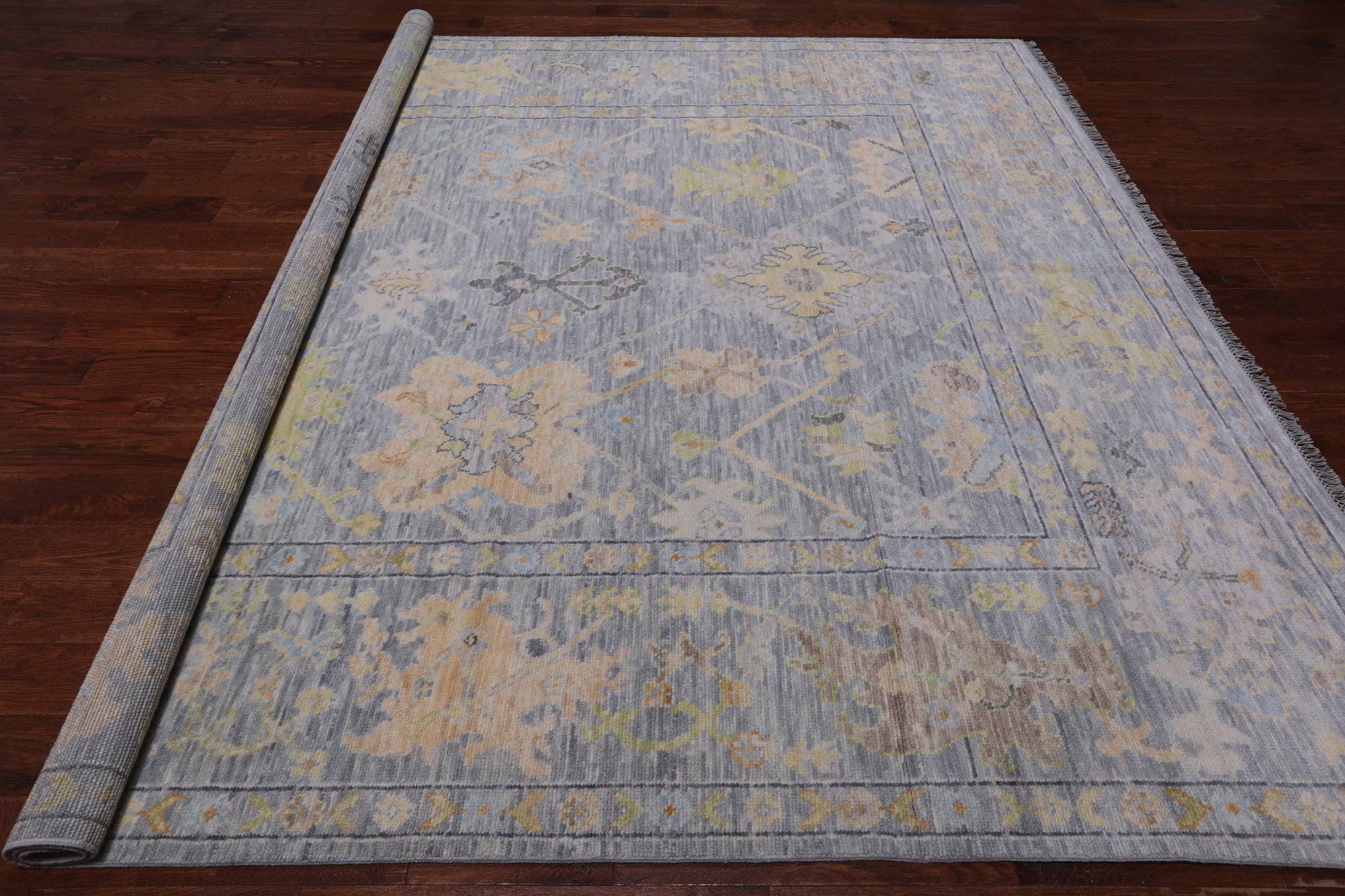 SUPER SALE Silver Square Turkish Oushak Hand Knotted Wool Rug - 9' 1" X 9' 3"