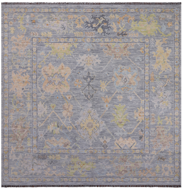 SUPER SALE Silver Square Turkish Oushak Hand Knotted Wool Rug - 9' 1" X 9' 3"