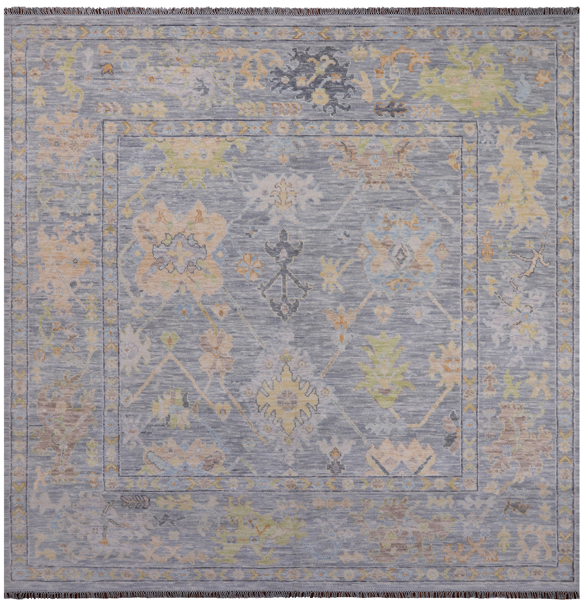 SUPER SALE Silver Square Turkish Oushak Hand Knotted Wool Rug - 9' 1" X 9' 3"