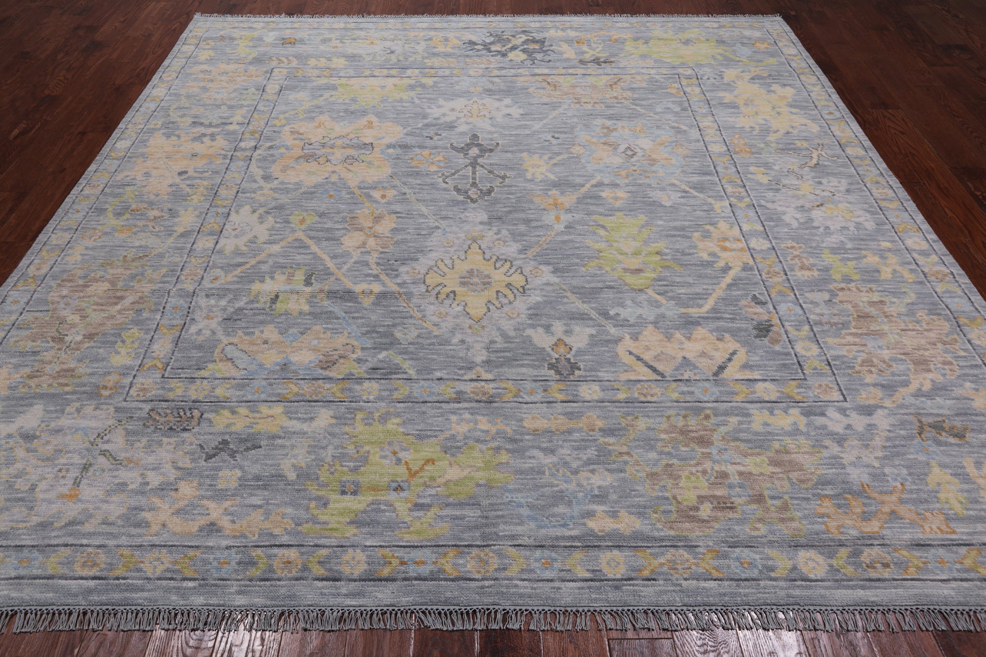SUPER SALE Silver Square Turkish Oushak Hand Knotted Wool Rug - 9' 1" X 9' 3"