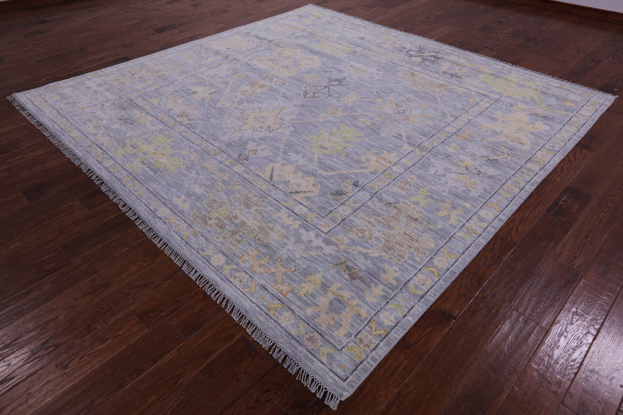Silver Square Turkish Oushak Hand Knotted Wool Rug - 9' 1" X 9' 3" - Golden Nile