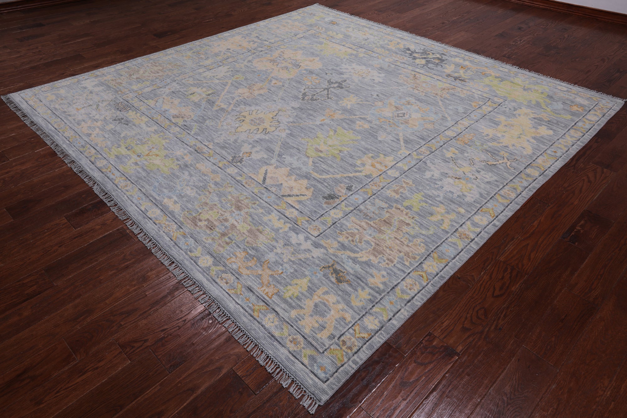 SUPER SALE Silver Square Turkish Oushak Hand Knotted Wool Rug - 9' 1" X 9' 3"