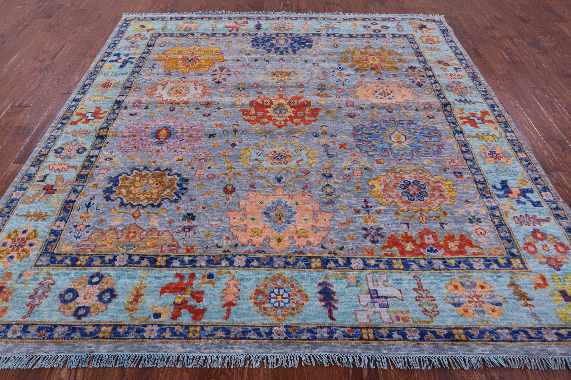 Grey Square Turkish Oushak Hand Knotted Wool Rug - 8' 9" X 9' 0" - Golden Nile